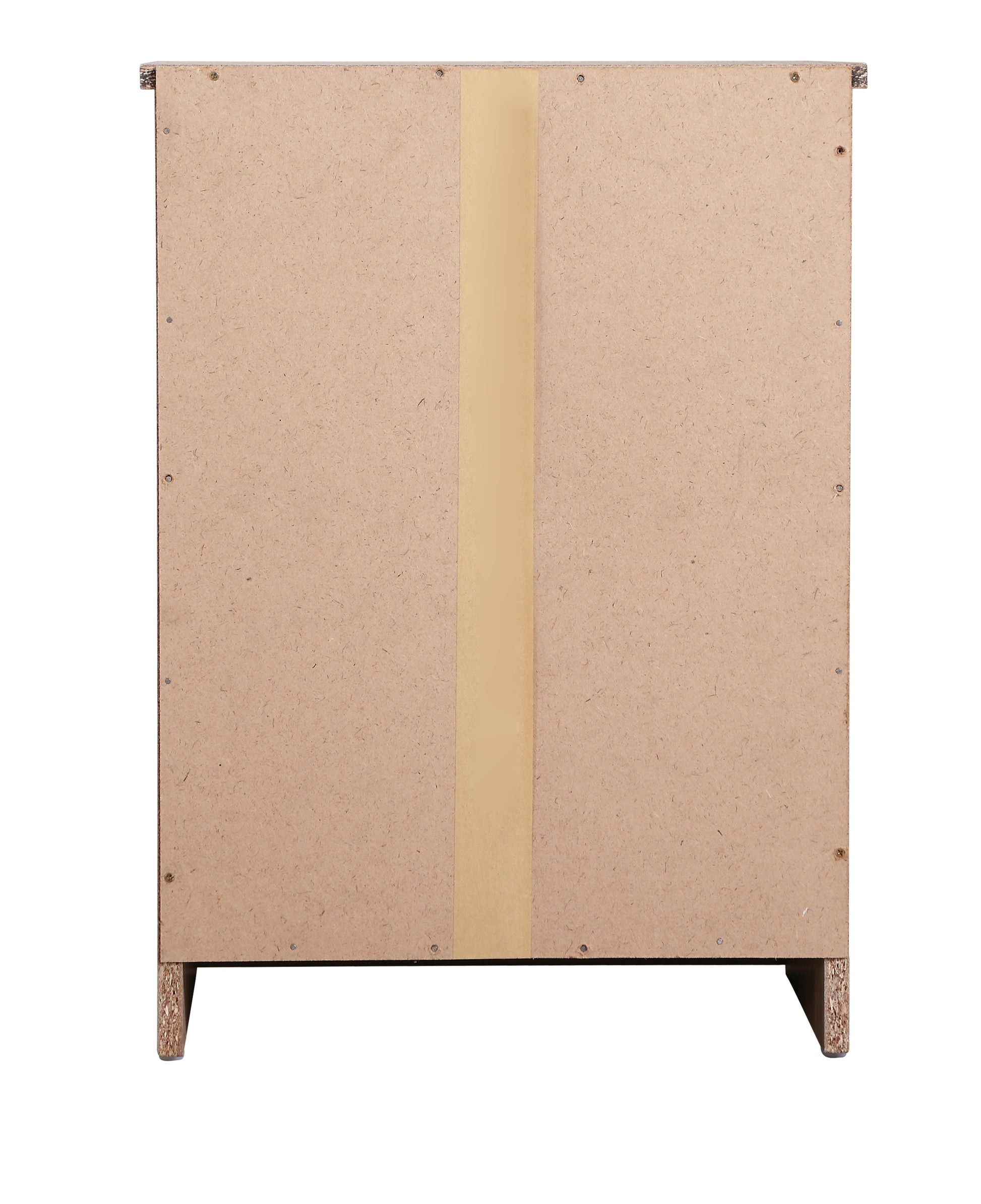 Back panel of a beige particleboard cabinet showing visible screws and taped seam