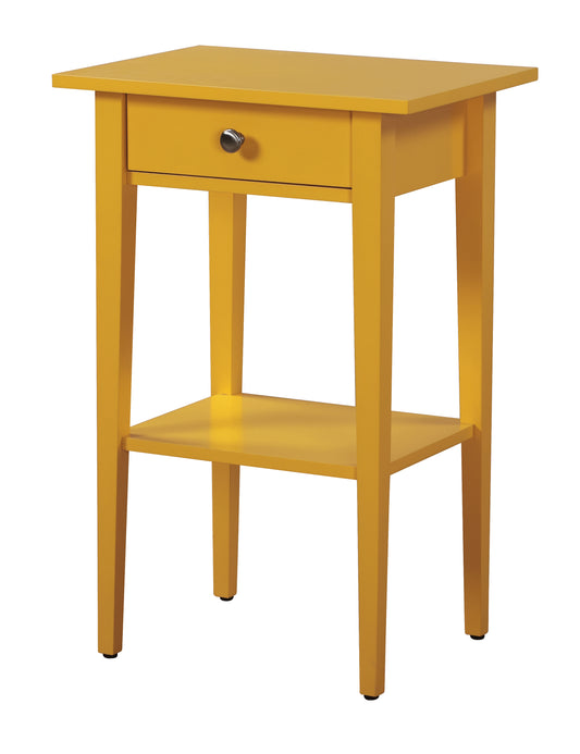 Yellow wooden accent table with one drawer and open shelf ideal for small spaces