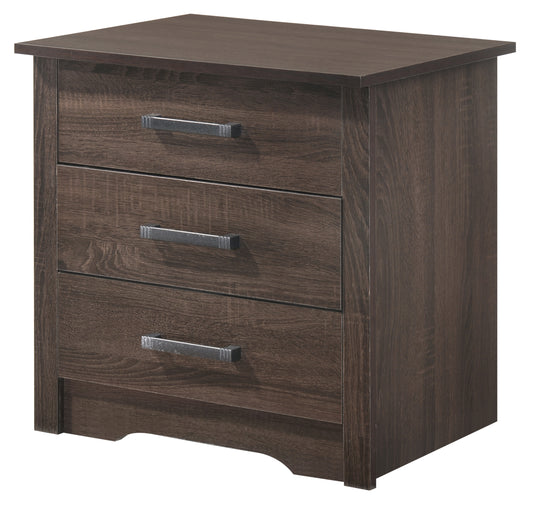 Dark wood threedrawer nightstand with brushed nickel hardware for bedroom storage