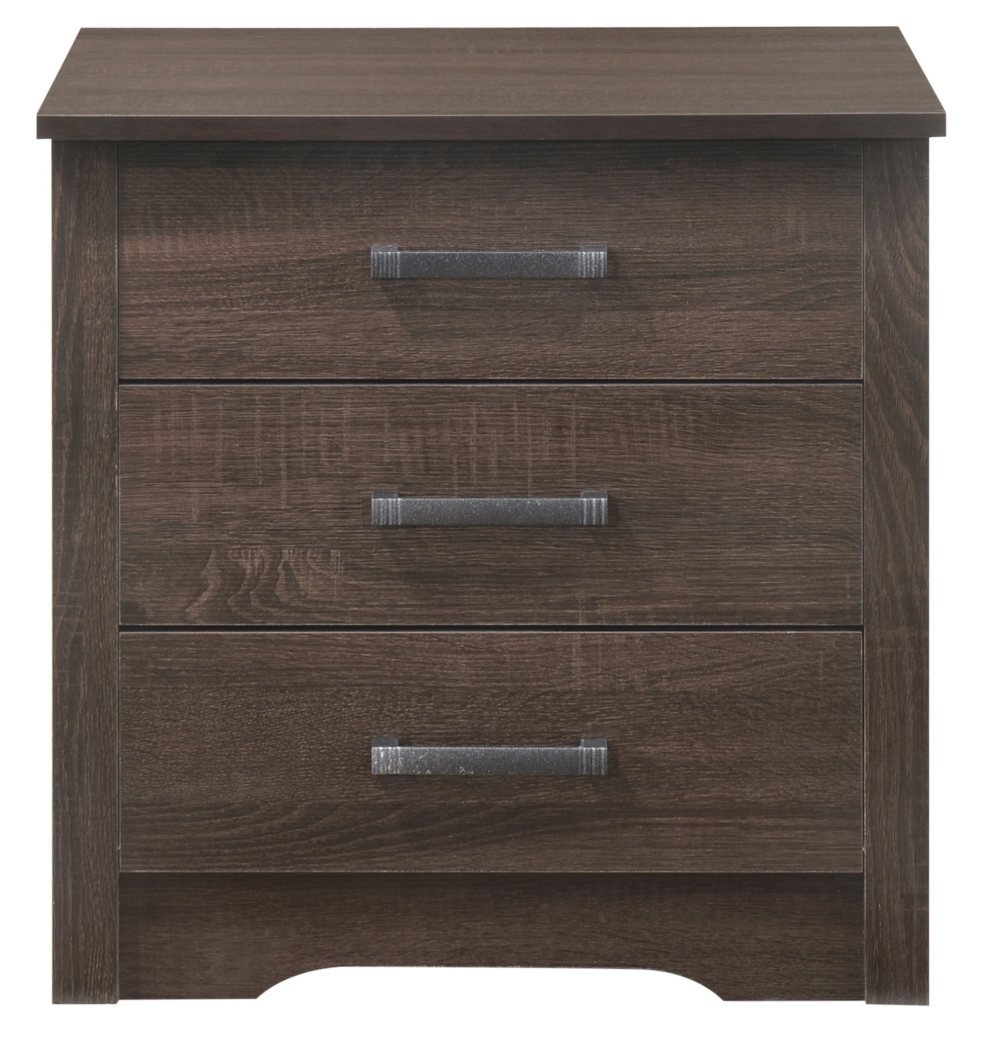 Dark wood threedrawer nightstand with brushed nickel hardware