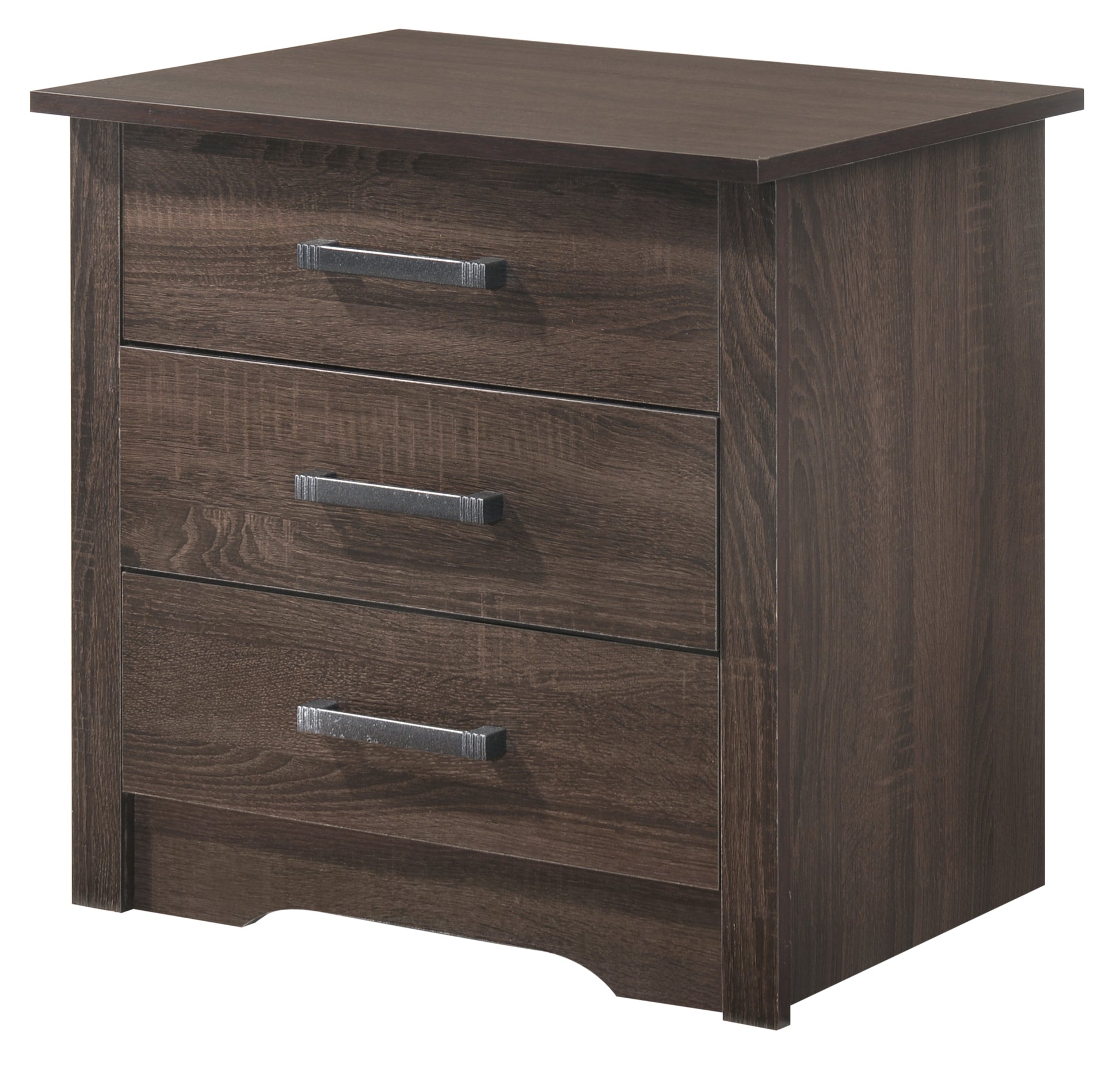 Dark wood threedrawer nightstand with silver metallic hardware for bedroom storage