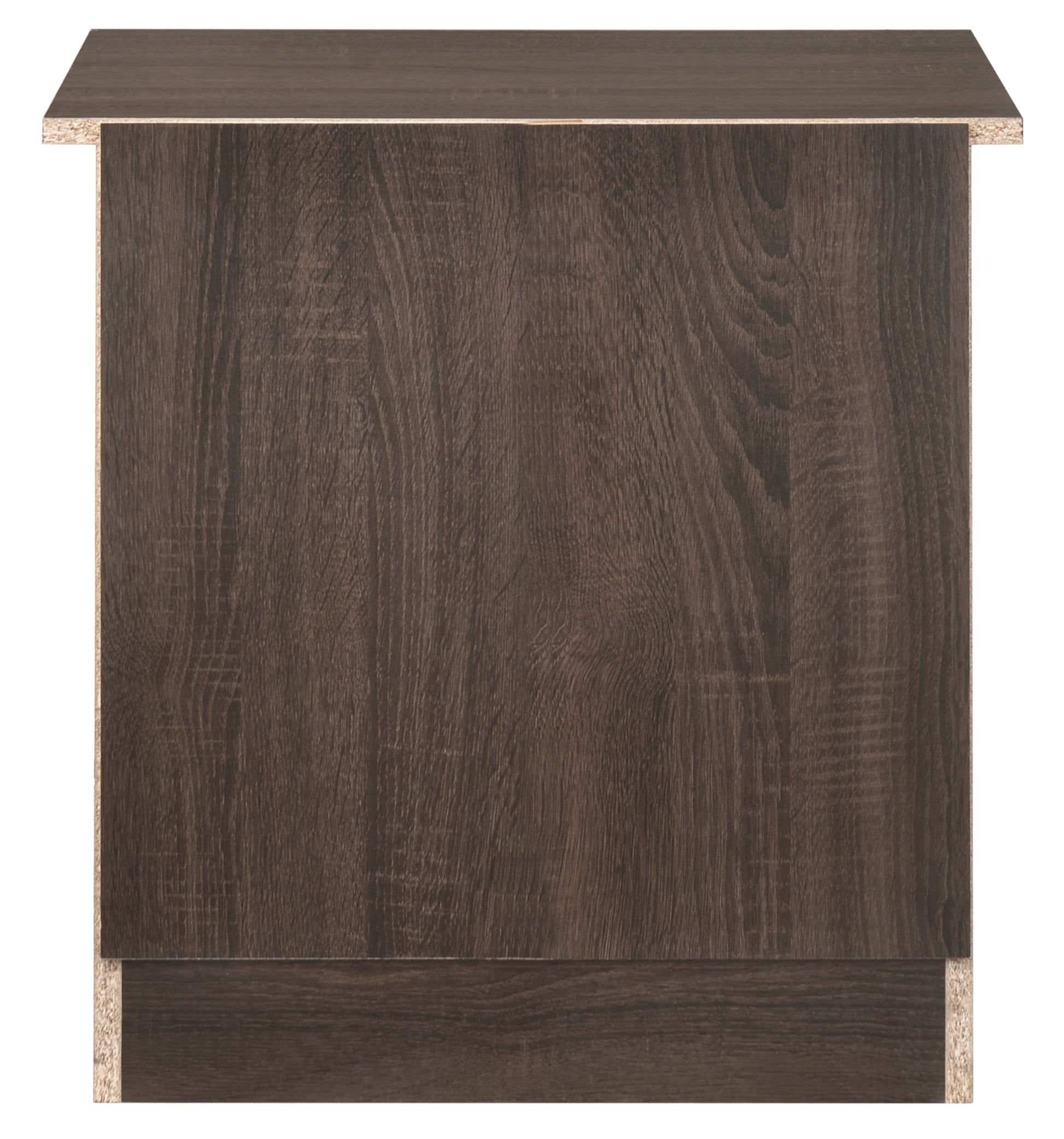 Dark wood veneer cabinet side panel with exposed particle board edges