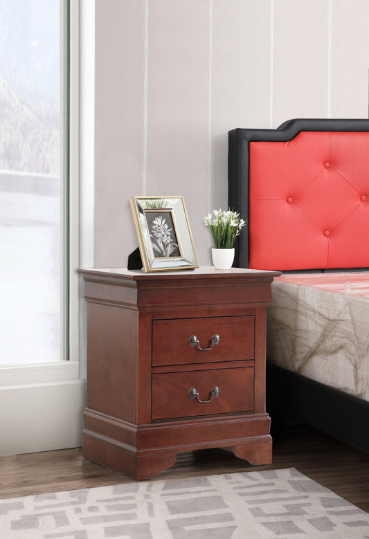 Rich mahogany wood nightstand with two drawers and antique brass hardware for bedroom storage