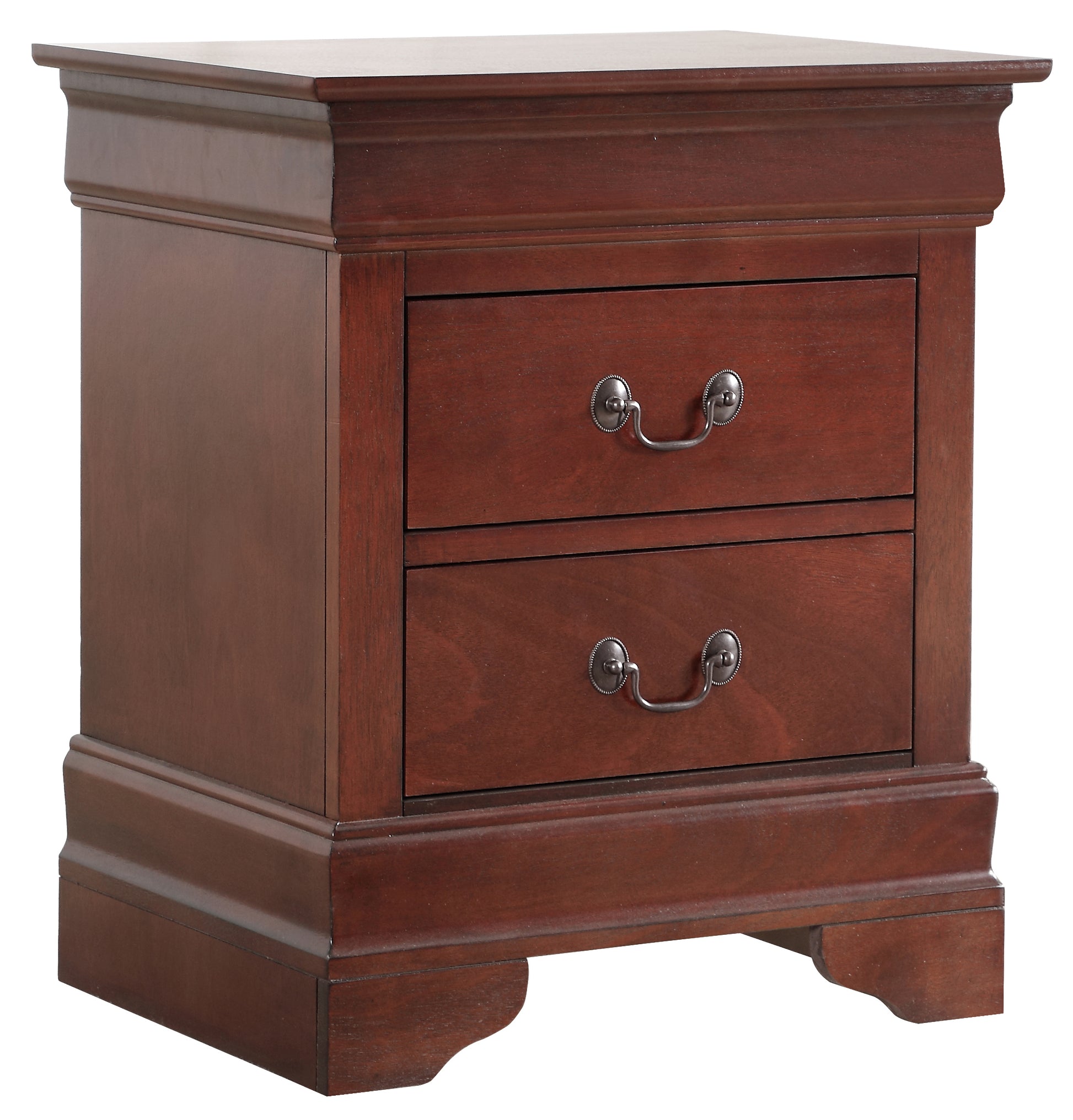 Classic mahogany twodrawer nightstand with ornate metal pulls perfect for bedroom storage