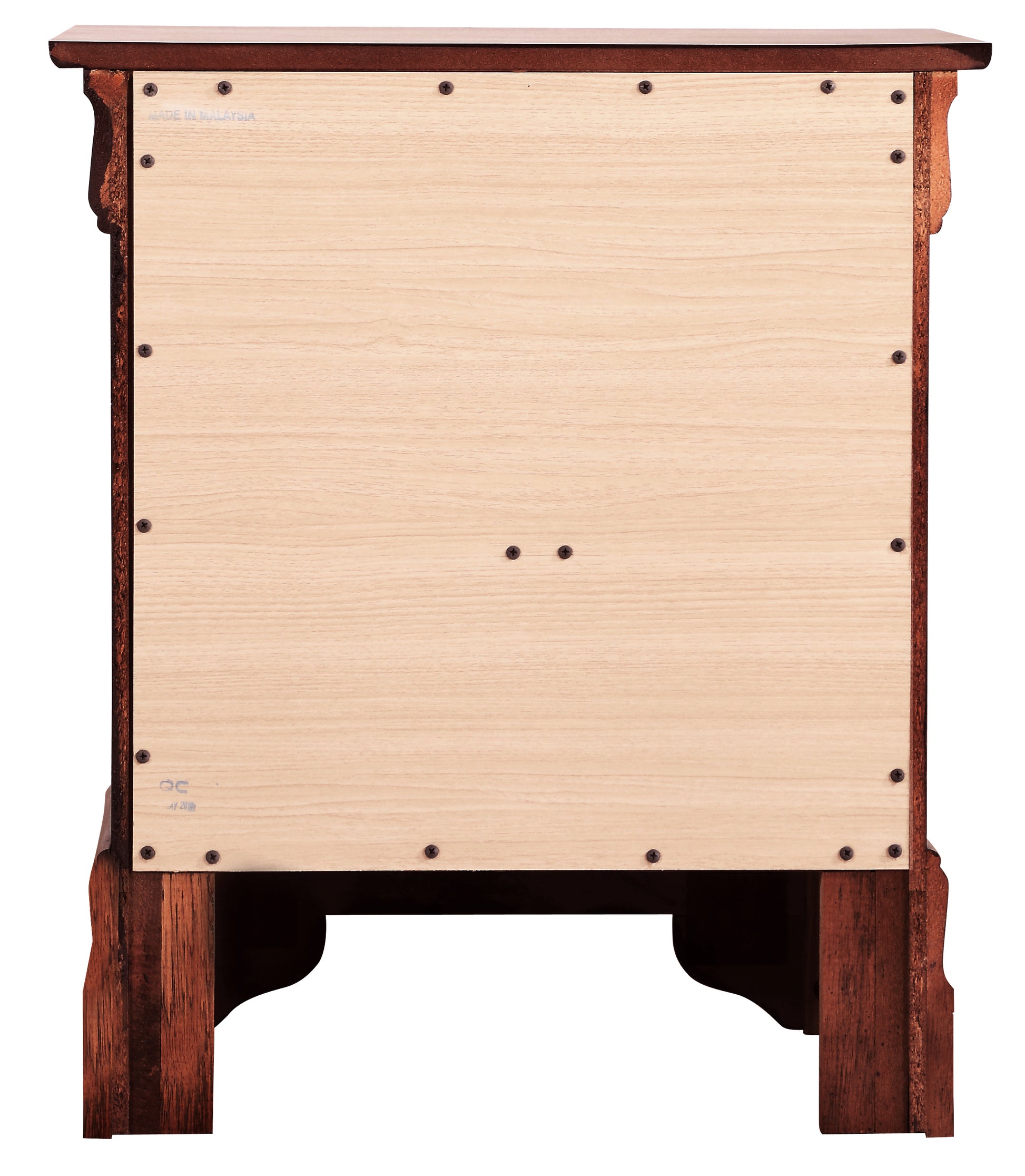 Back panel of a dark wood nightstand with visible screws and Made in Malaysia stamp