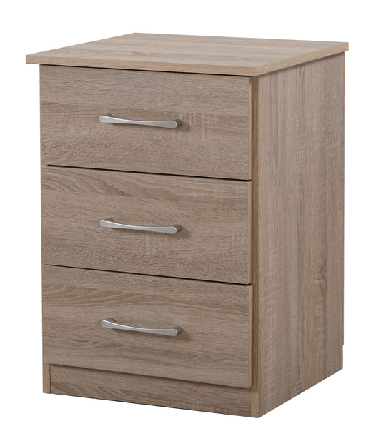 Oak effect bedside table with three drawers and silver handles perfect for bedrooms
