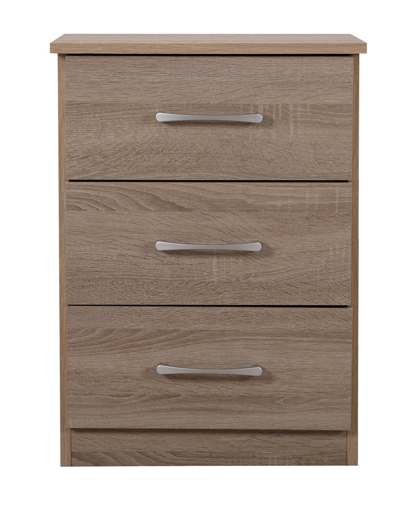 Threedrawer wooden chest with silver handles and a light oak finish