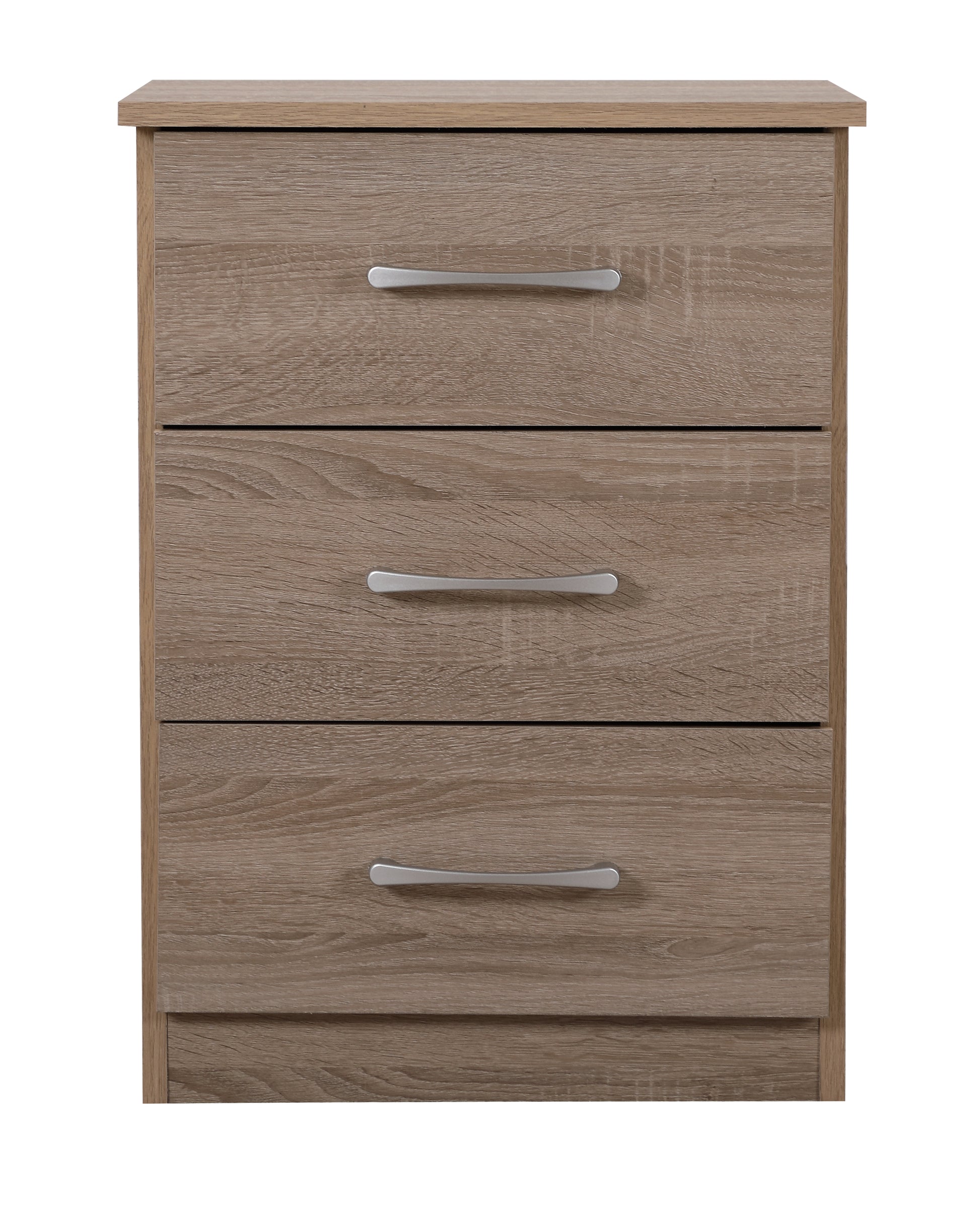 Threedrawer wooden chest with silver handles and a light oak finish