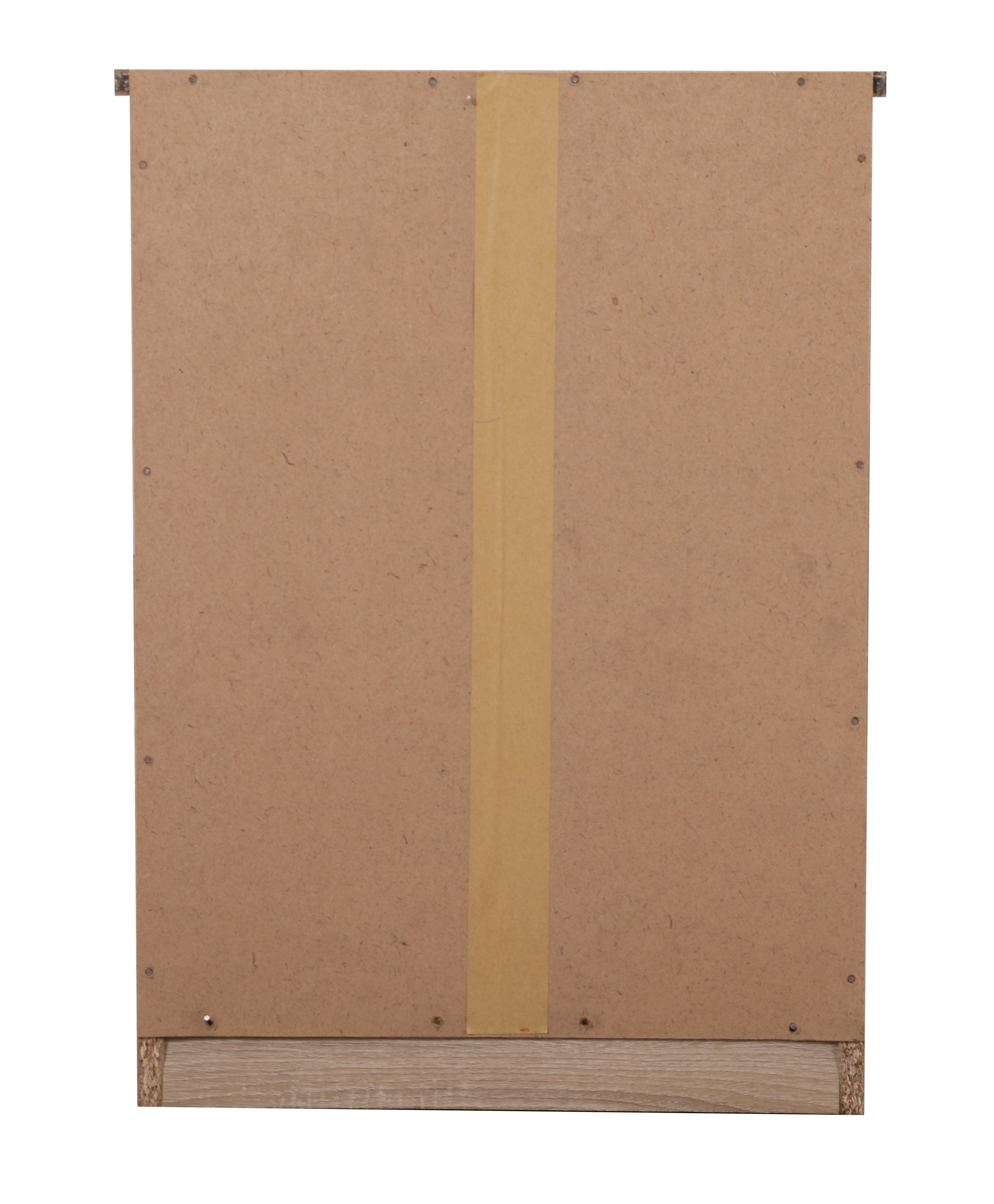 Back of beige laminate particleboard cabinet with taped seam