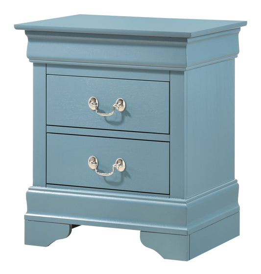 Blue painted wood bedside table with two drawers and silver pulls