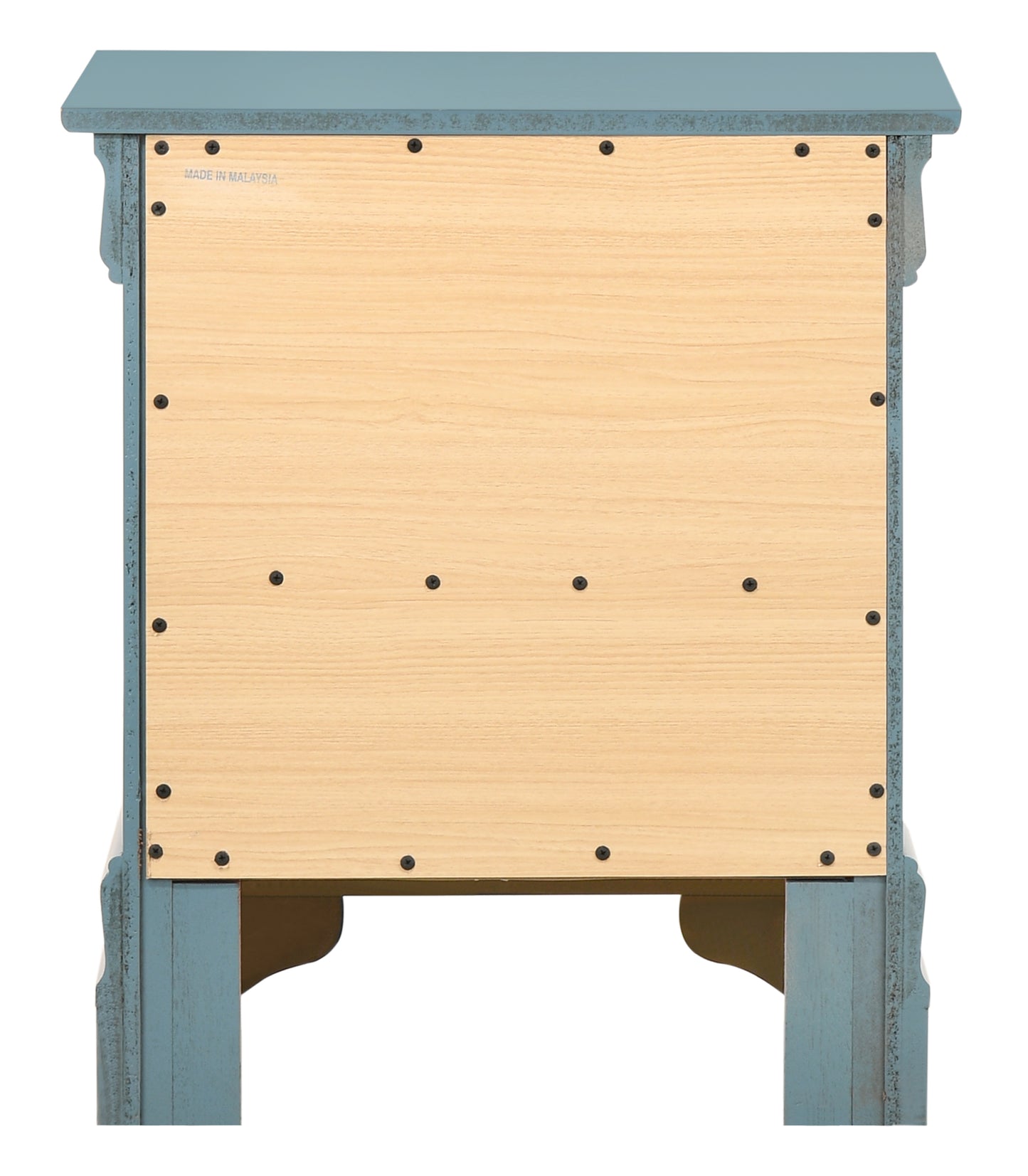 Back view of a distressed blue wooden cabinet with unfinished wood panel and visible screws