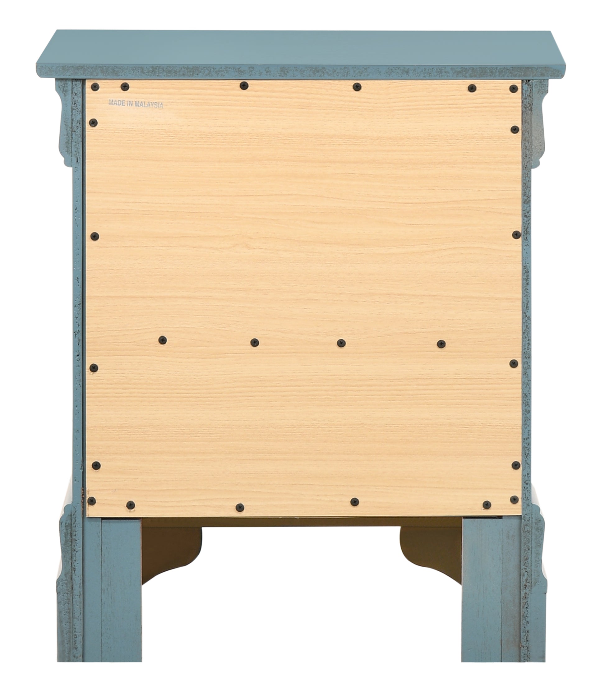 Back view of a distressed blue wooden cabinet with unfinished wood panel and visible screws