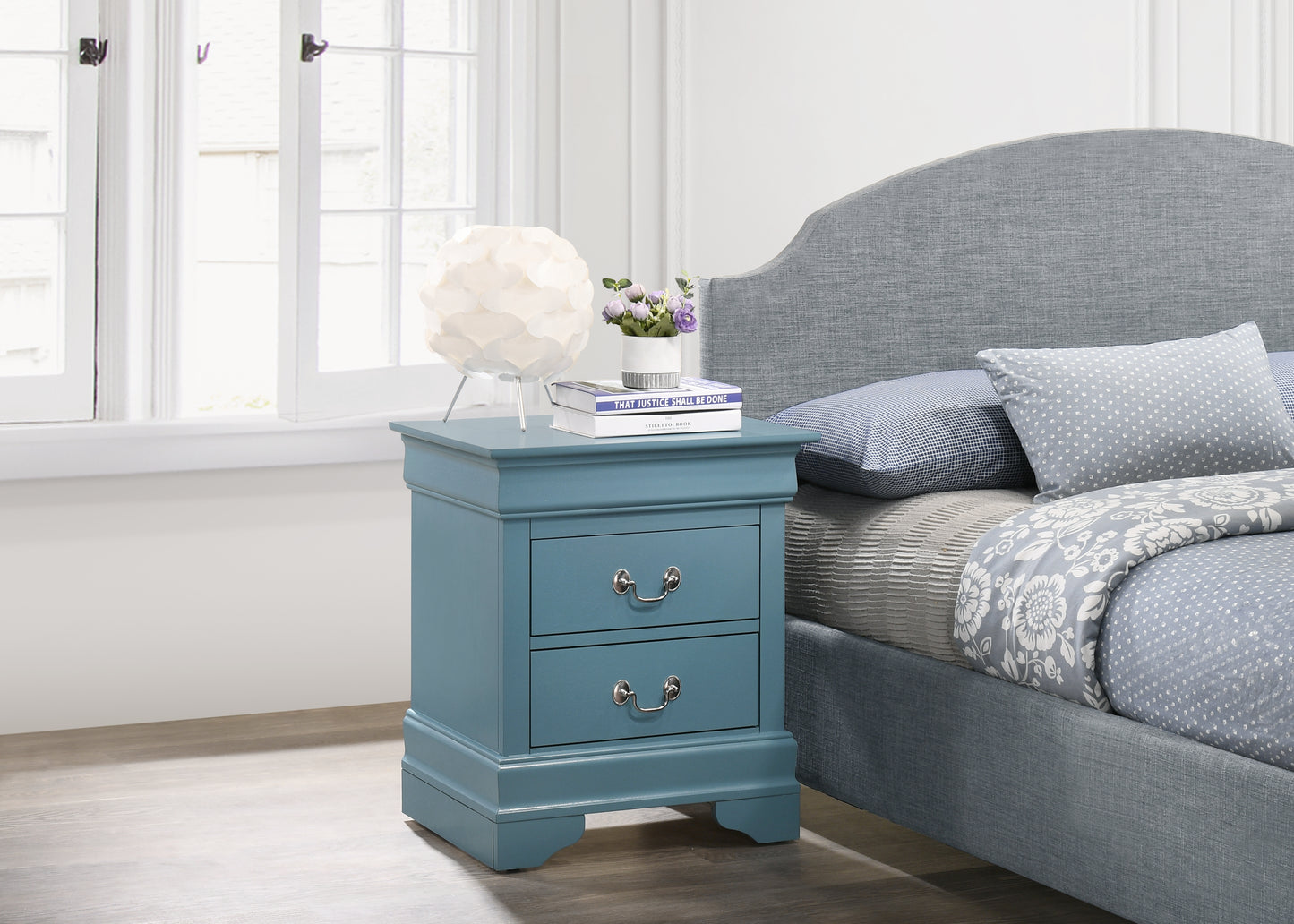 Blue wooden nightstand with two drawers and silver pull handles