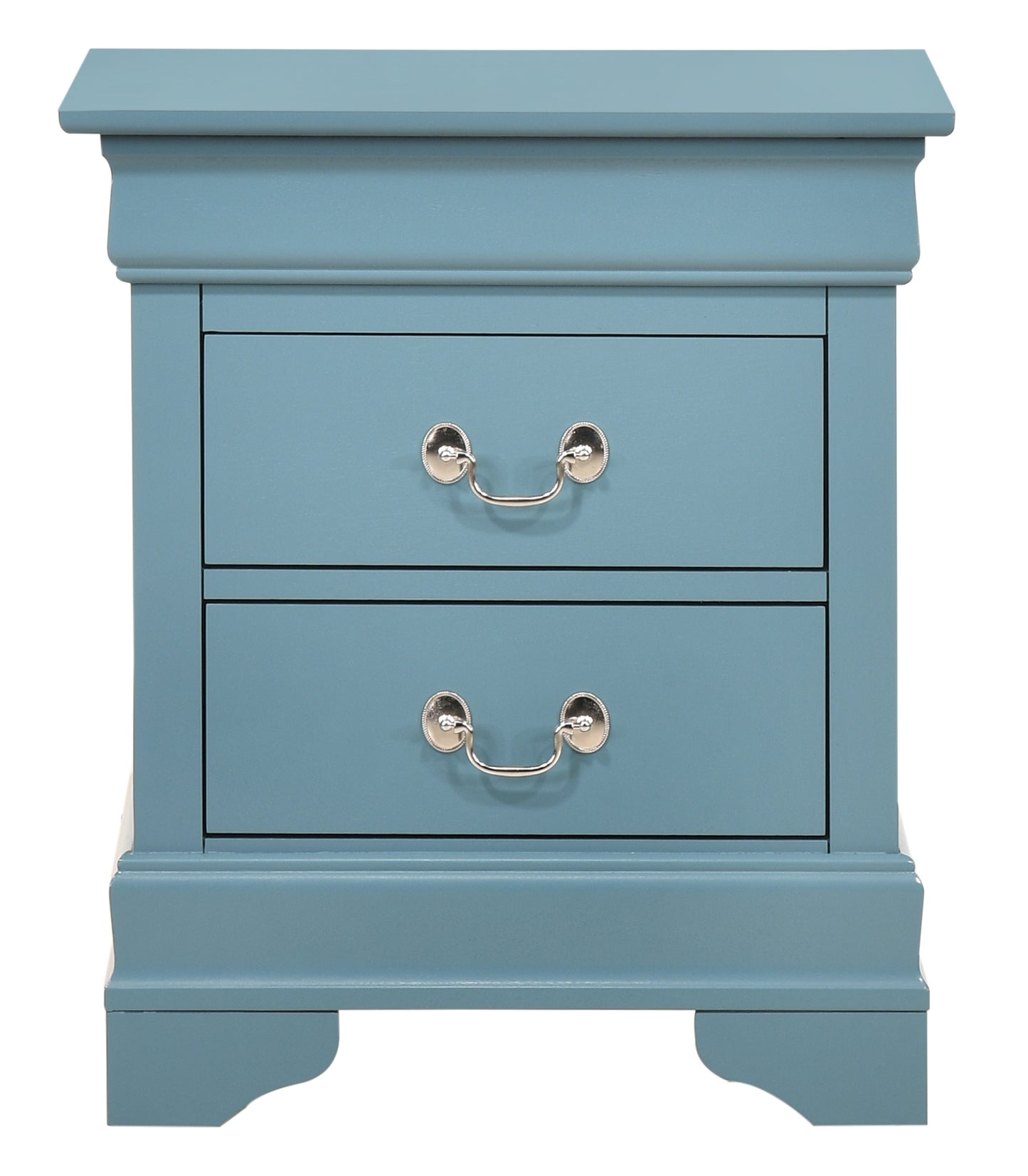 Classic blue twodrawer nightstand with polished silver hardware