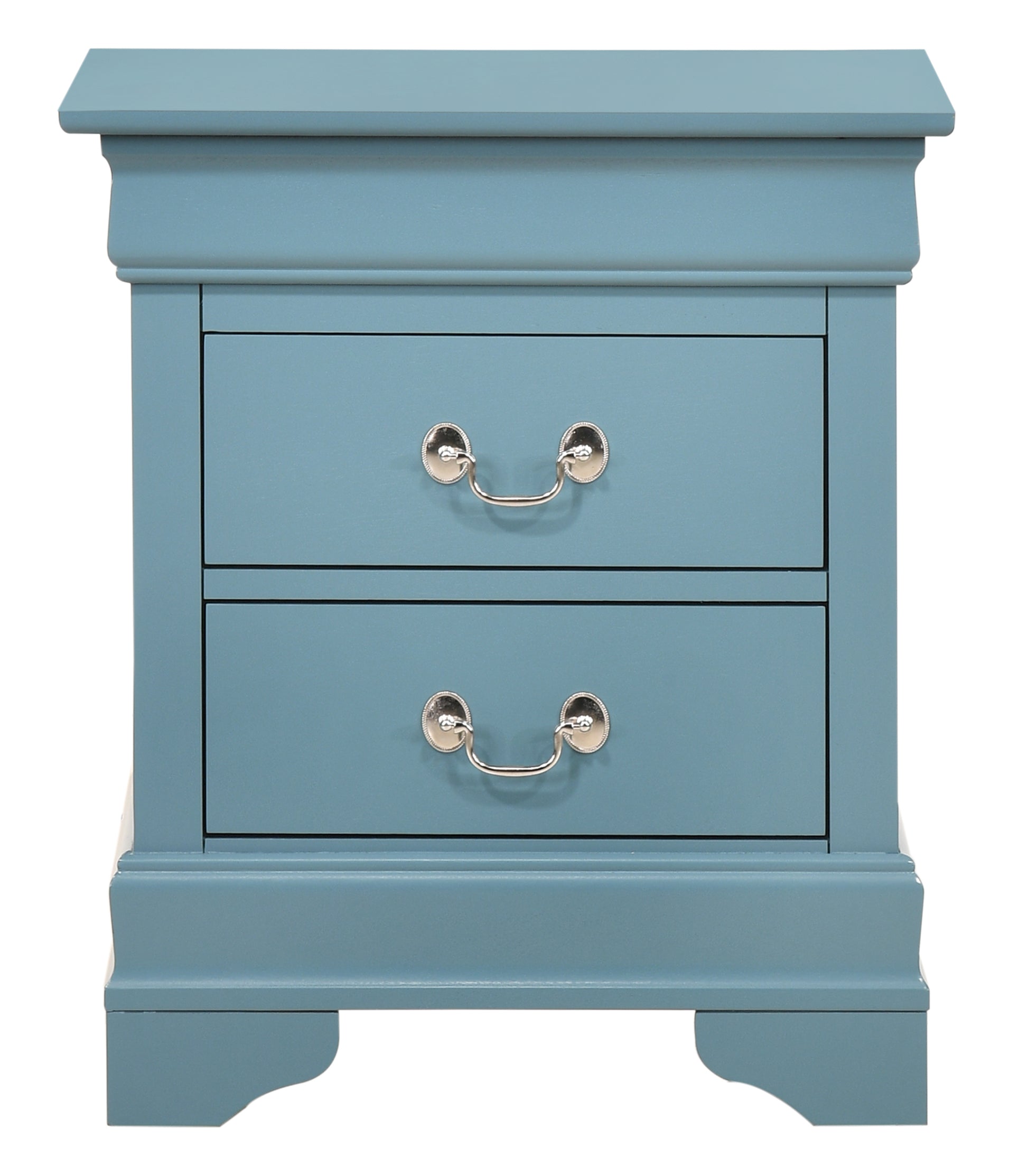 Classic blue twodrawer nightstand with polished silver hardware