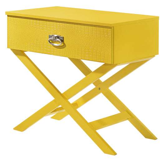 Yellow crocembossed drawer nightstand with silver ring pull and Xshaped base