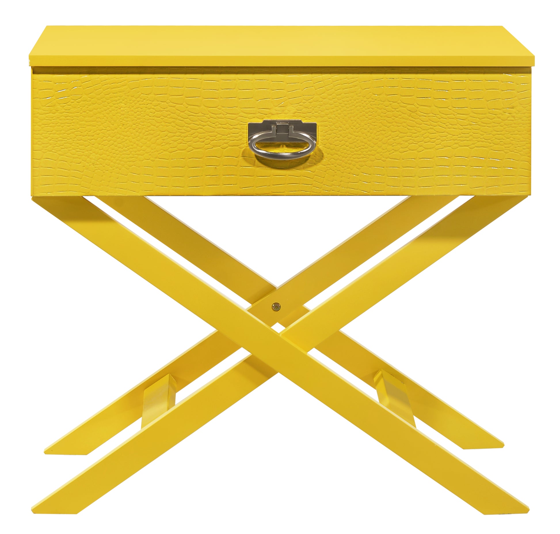 Yellow alligator embossed nightstand with metallic ring pull and xshaped legs