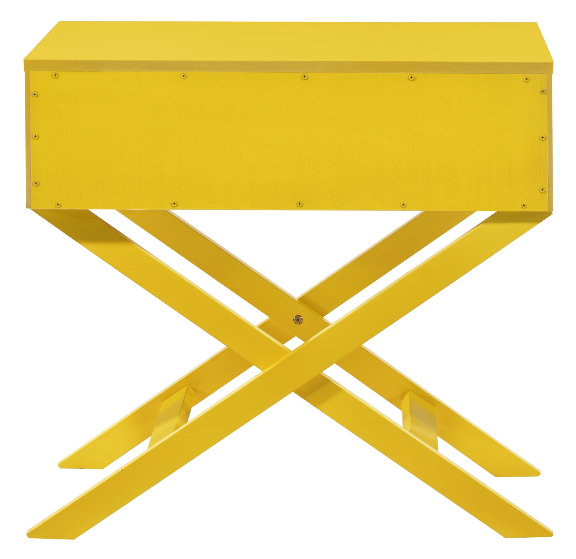 Bright yellow wooden storage box with crisscross legs perfect for modern decor