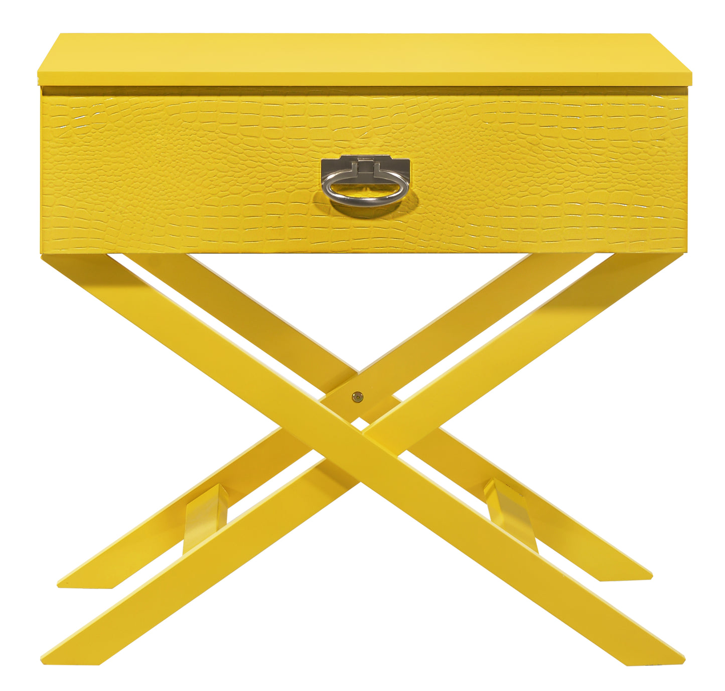 Yellow faux croc embossed side table with xleg base and silver ring pull