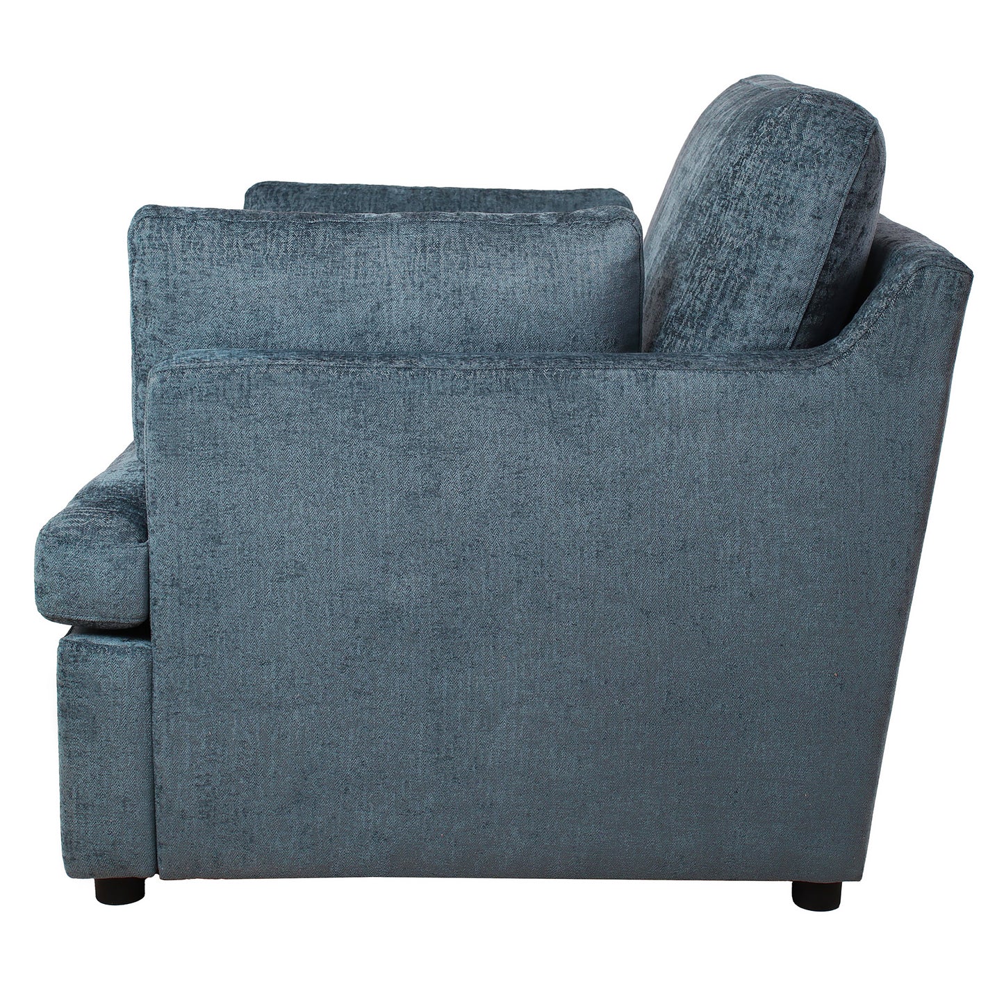 Dark teal textured fabric armchair with plush back cushion side view