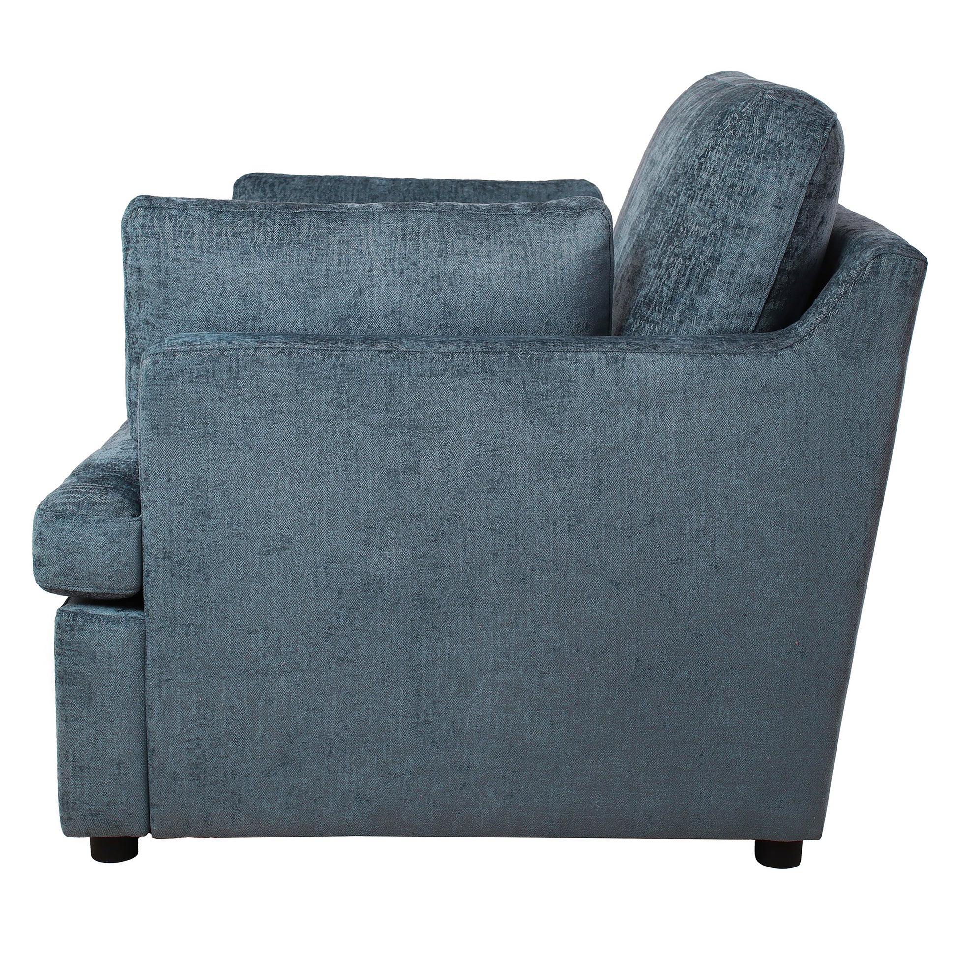 Dark teal textured fabric armchair with plush back cushion side view