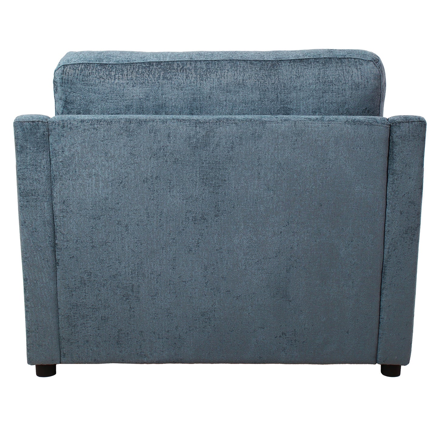 Back view of a blue textured fabric armchair with low profile dark feet