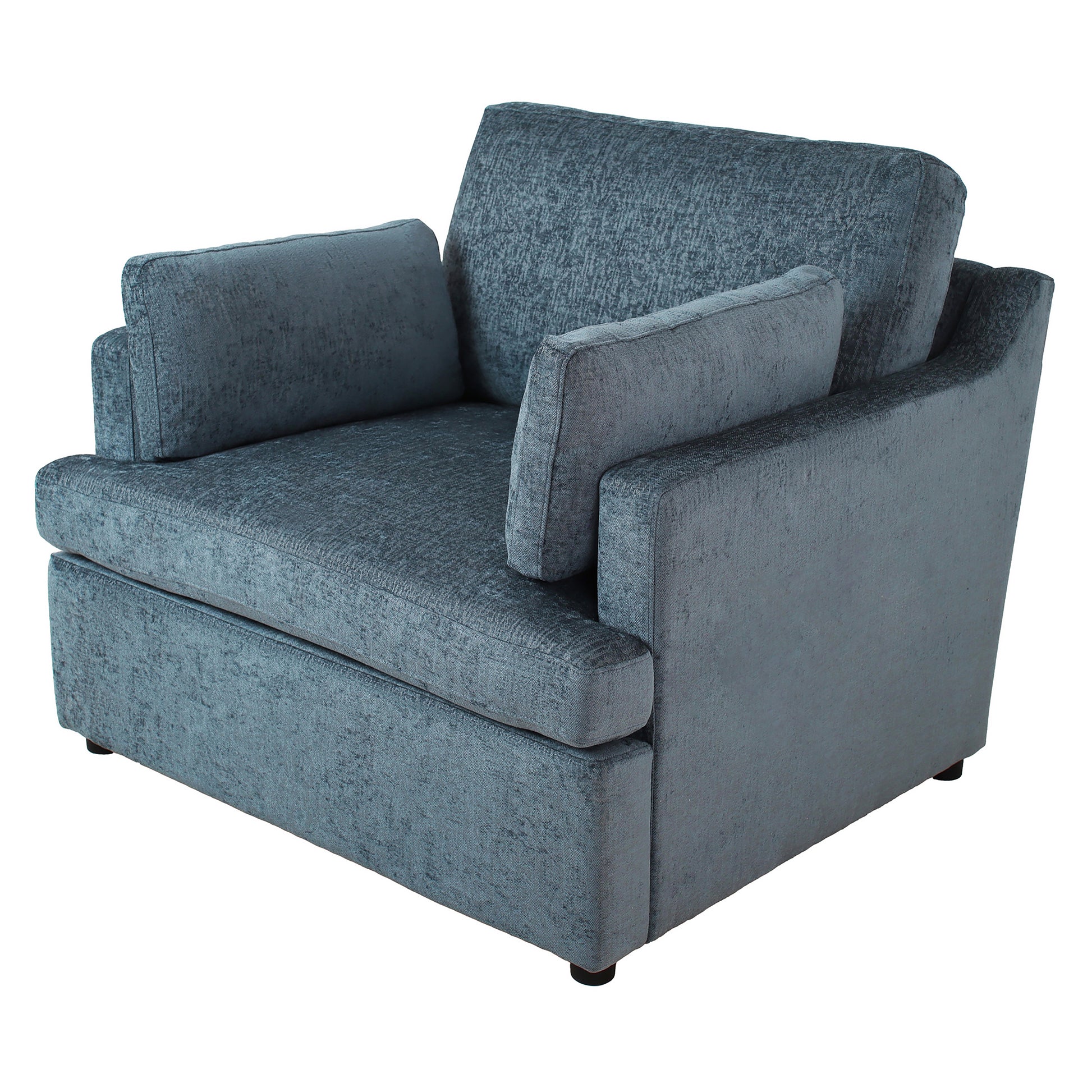 Plush teal velvet armchair with deep seat cushions and matching lumbar pillows