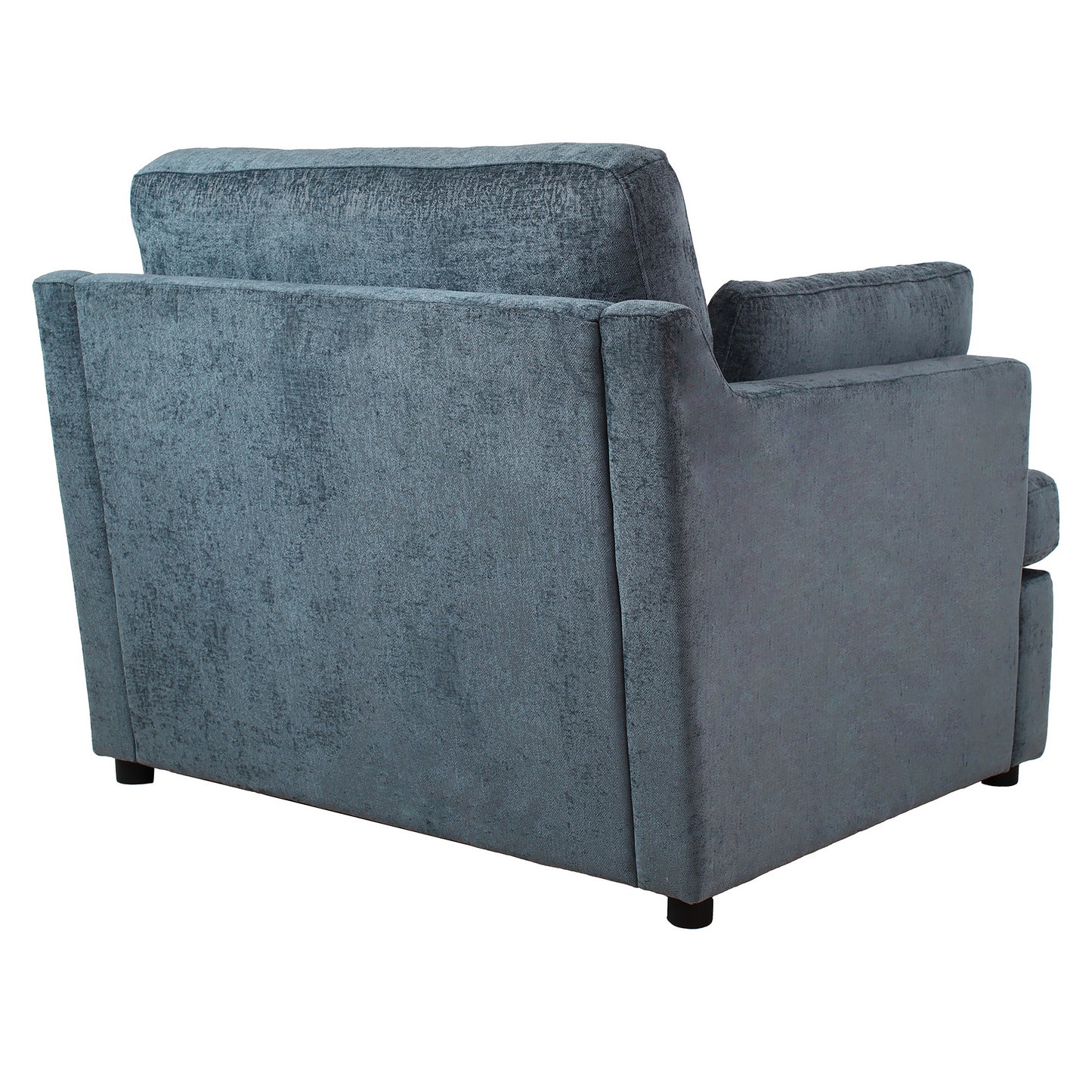 Dark teal velvet armchair from the back and side showing plush upholstery