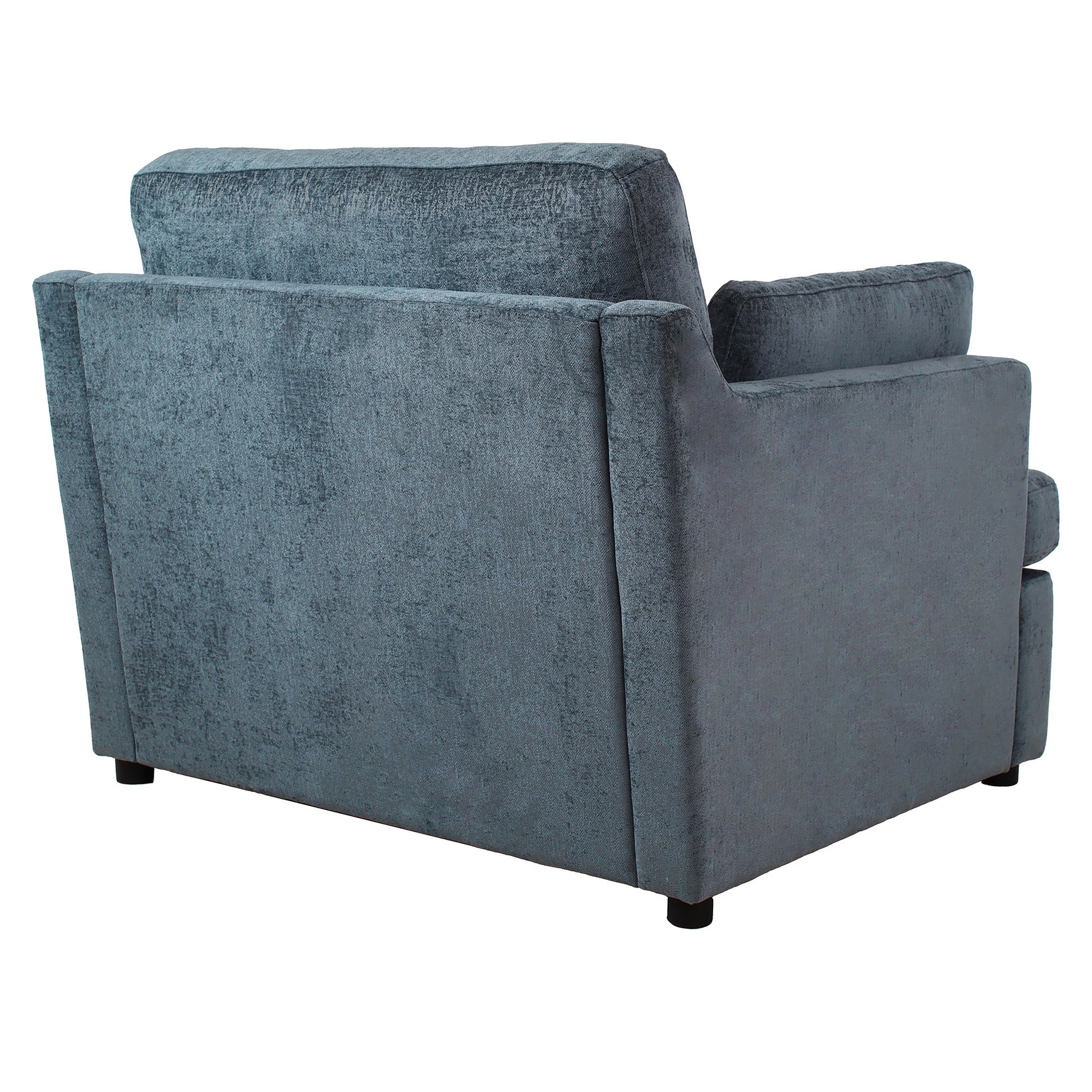 Dark teal velvet armchair from the back and side showing plush upholstery
