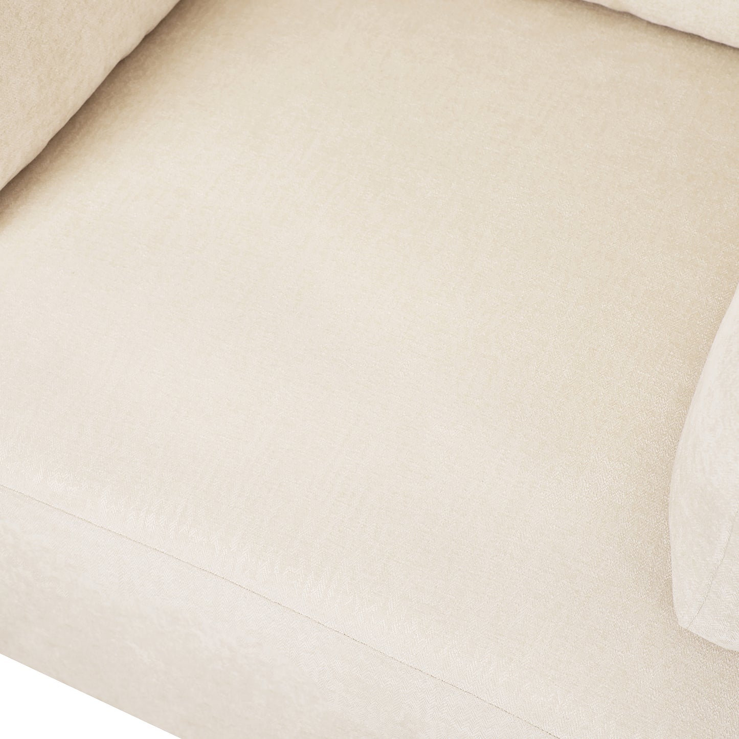 Closeup of textured beige linen fabric on a modern sofa armrest