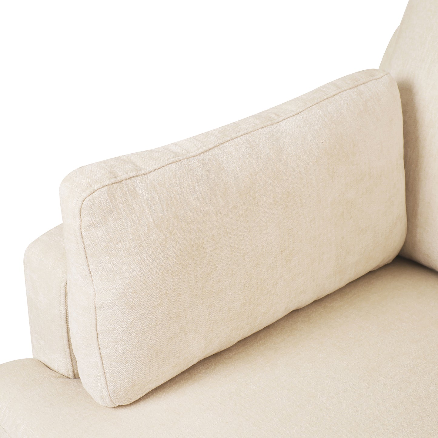 Closeup of a plush beige linen sofa armrest and cushion showing textured fabric detail