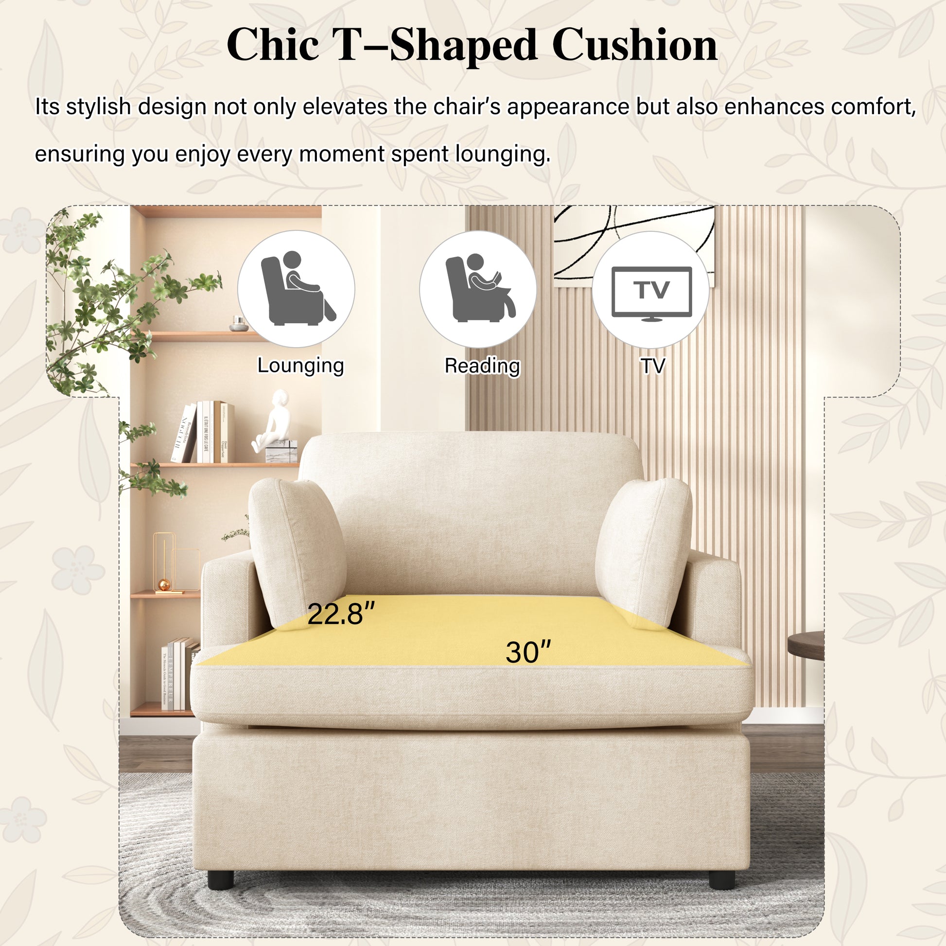 Beige accent chair with a removable bright yellow Tshaped cushion  x