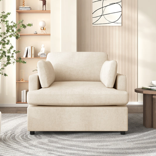 Cream linen upholstered armchair with plush throw pillows and deep seating