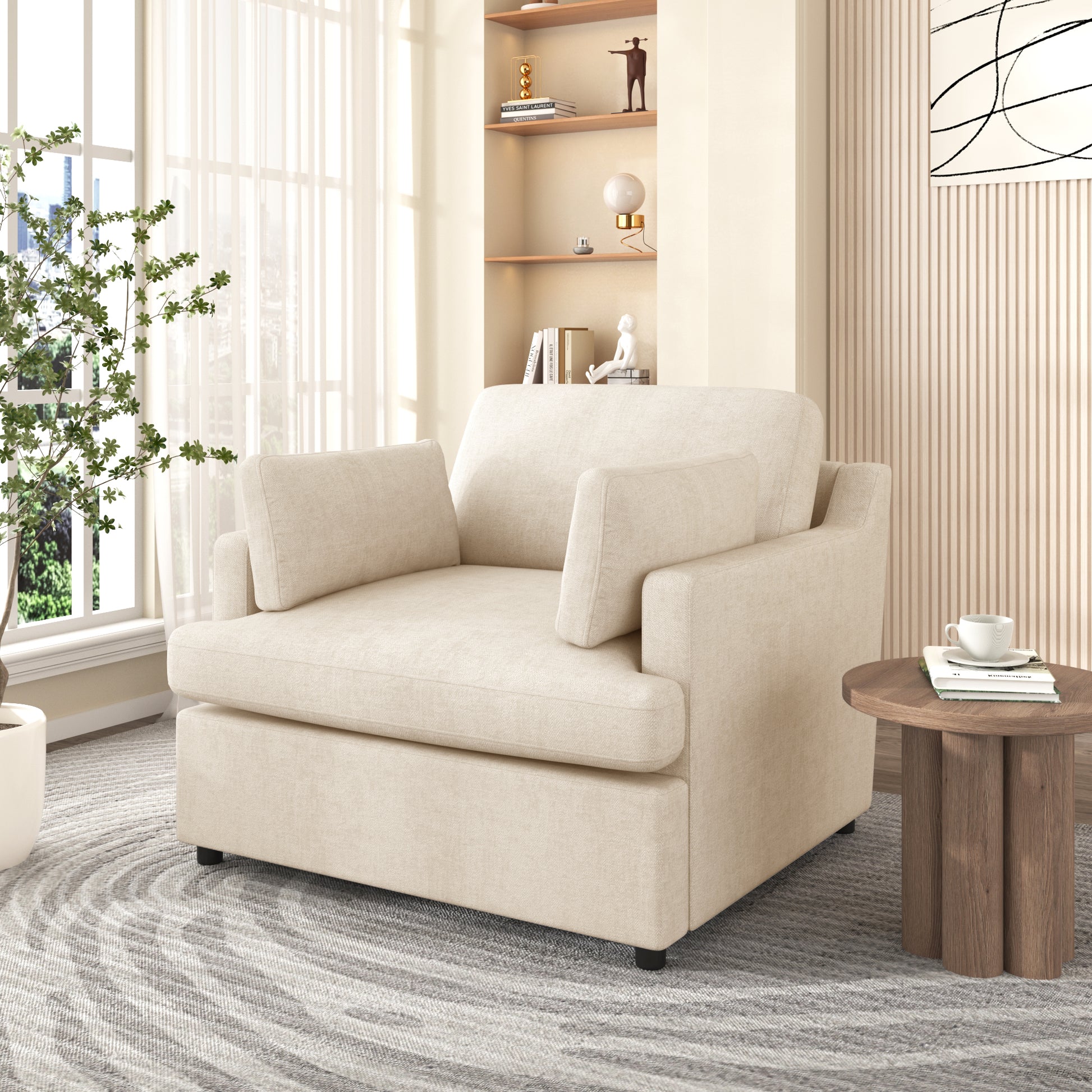 Plush beige accent chair with deep seating perfect for cozy living rooms