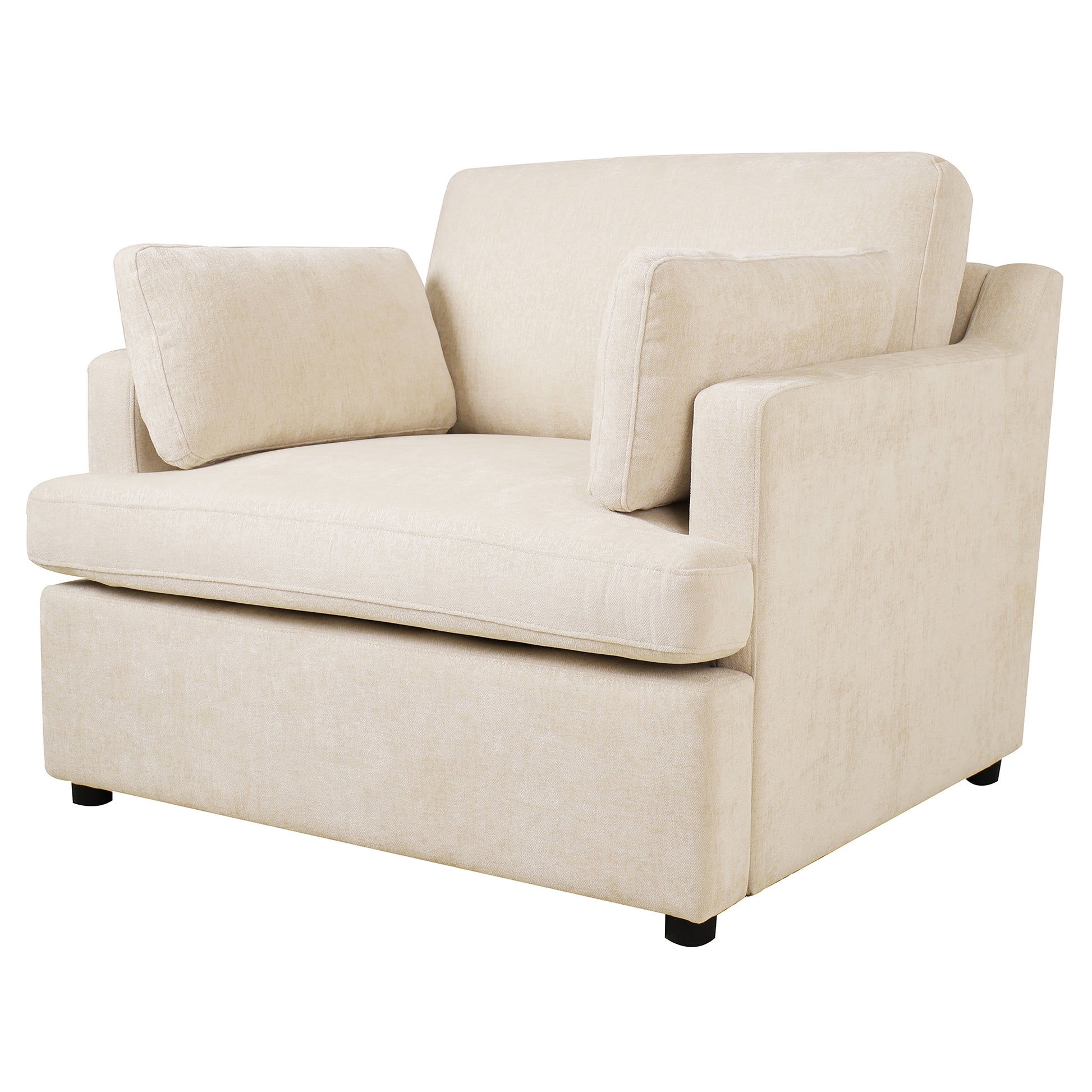 Plush beige fabric armchair with two throw pillows and a comfortable seat cushion