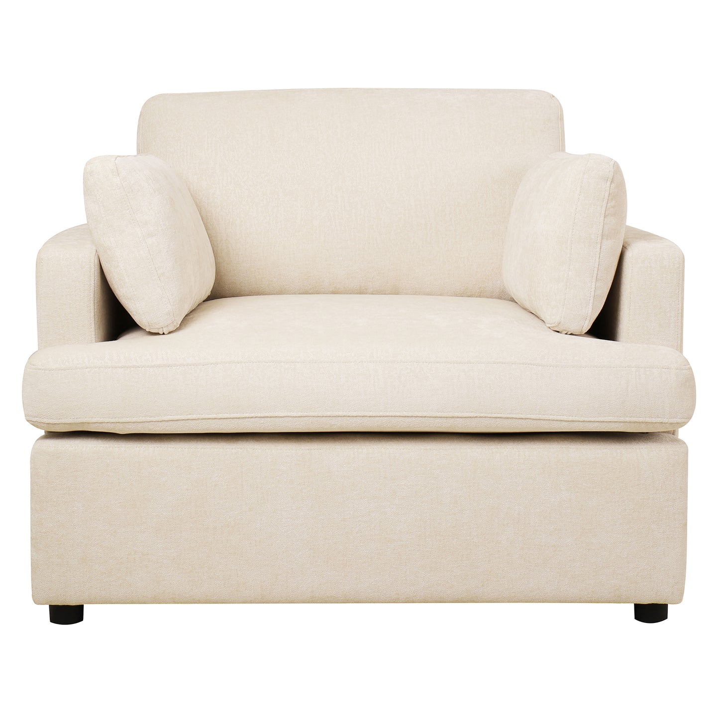 Plush beige fabric accent chair with two throw pillows perfect for a cozy living room