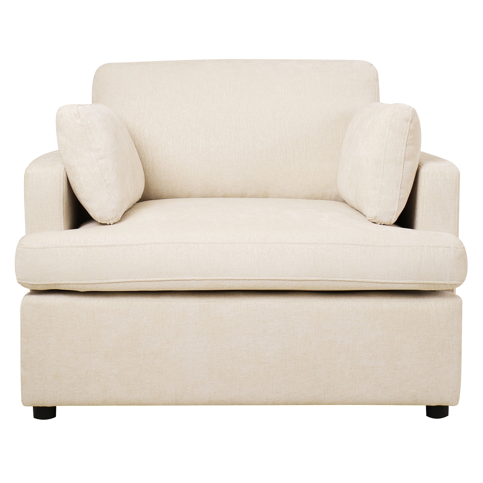 Plush beige fabric accent chair with two throw pillows perfect for a cozy living room