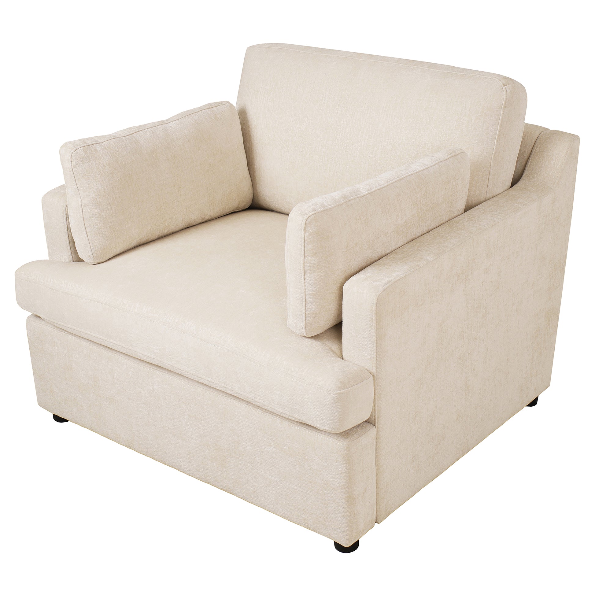 Cream textured fabric armchair with plush seat and back cushions for comfortable seating