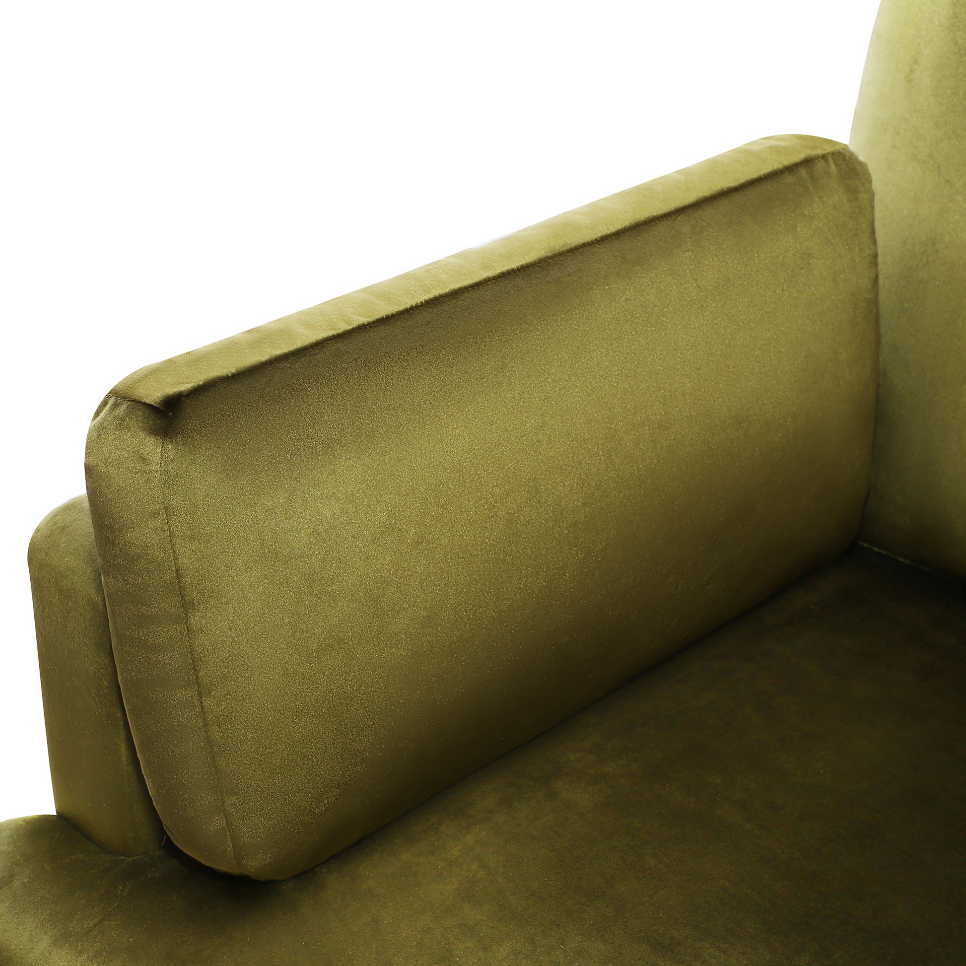 Closeup of olive green velvet sofa armrest showing plush texture