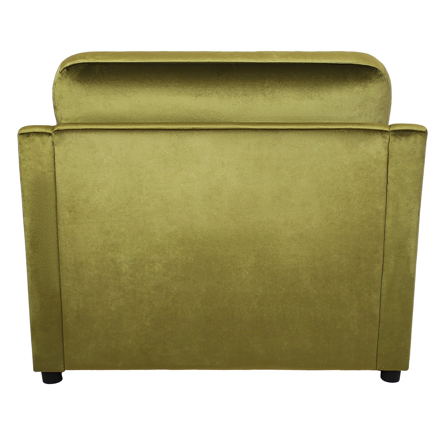 Back view of a plush olive green velvet armchair with rounded arms