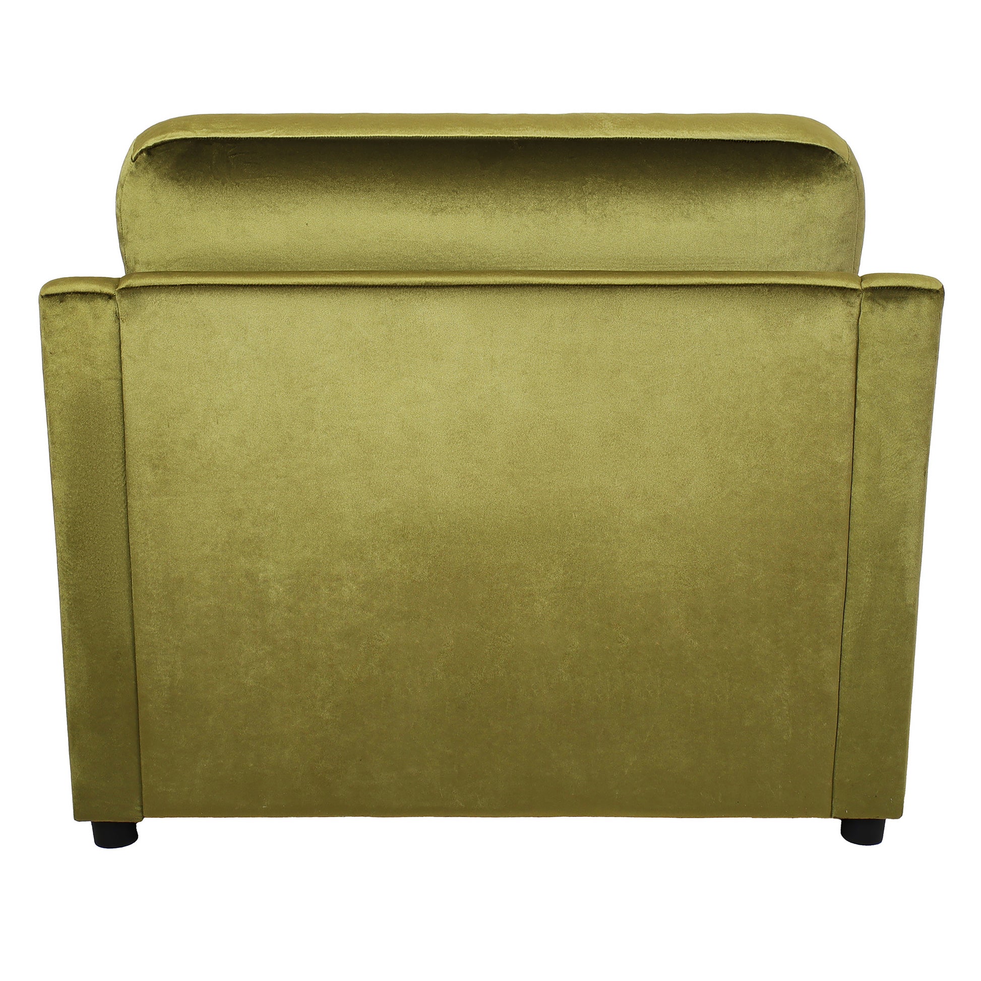 Back view of a plush olive green velvet armchair with rounded arms