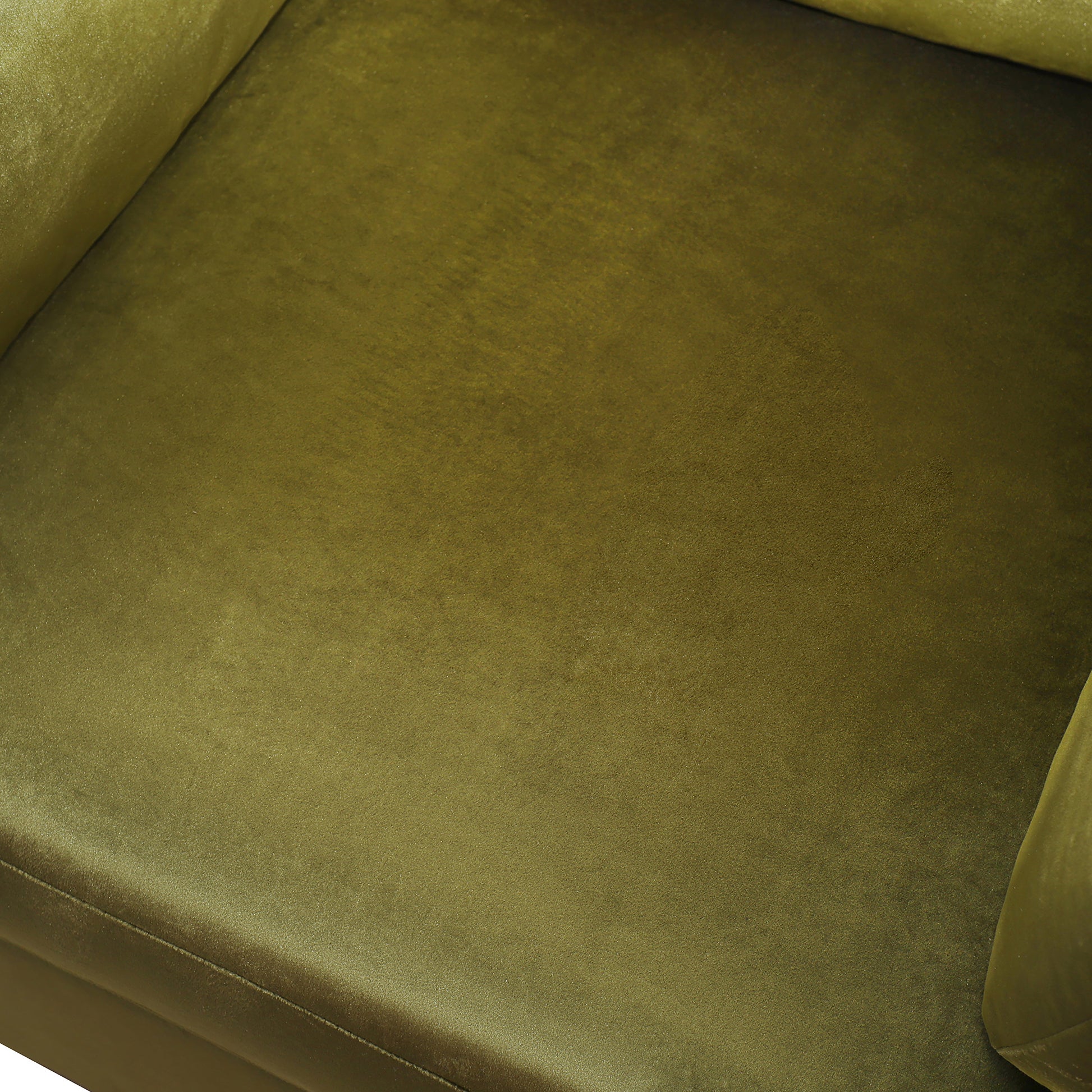 Closeup of olive green velvet upholstery showing plush texture and subtle sheen perfect for a sofa