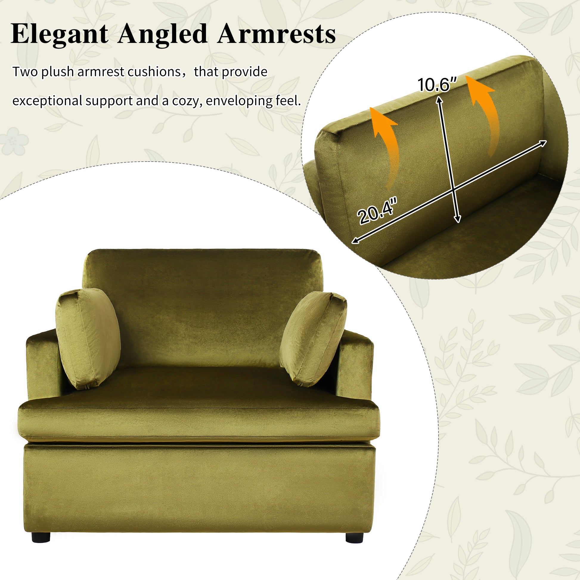Plush olive velvet armchair with two armrest cushions and a modern low profile design