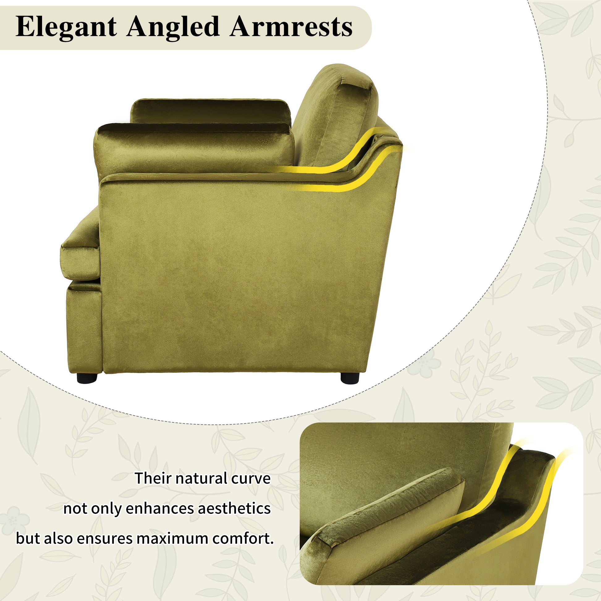 Olive green velvet armchair with elegant angled armrests for modern living rooms