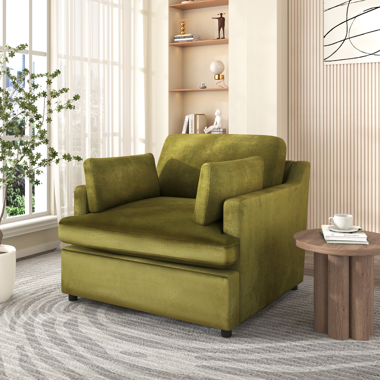Plush olive green velvet armchair with deep seat cushions and two square throw pillows