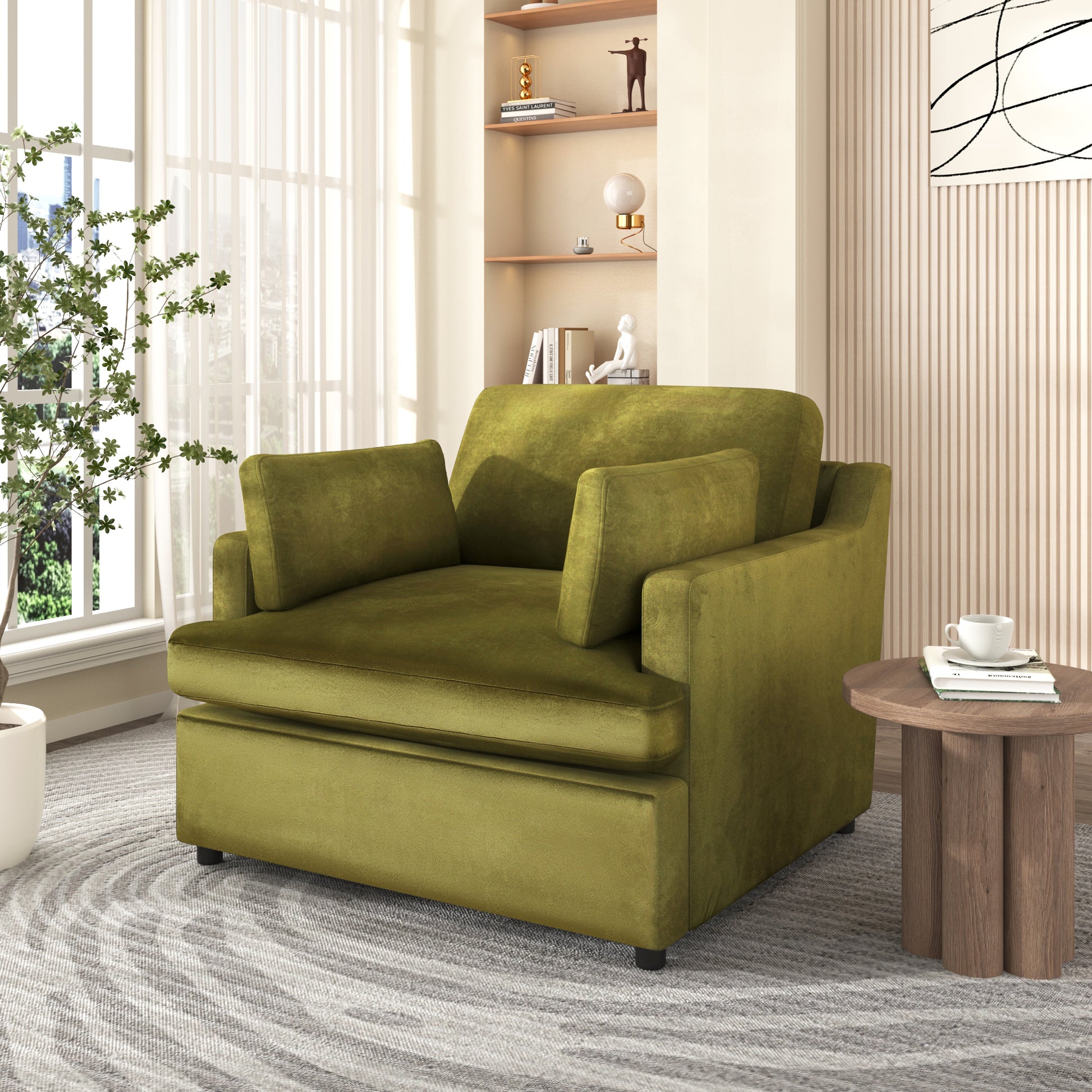 Plush olive green velvet armchair with deep seat cushions and two square throw pillows