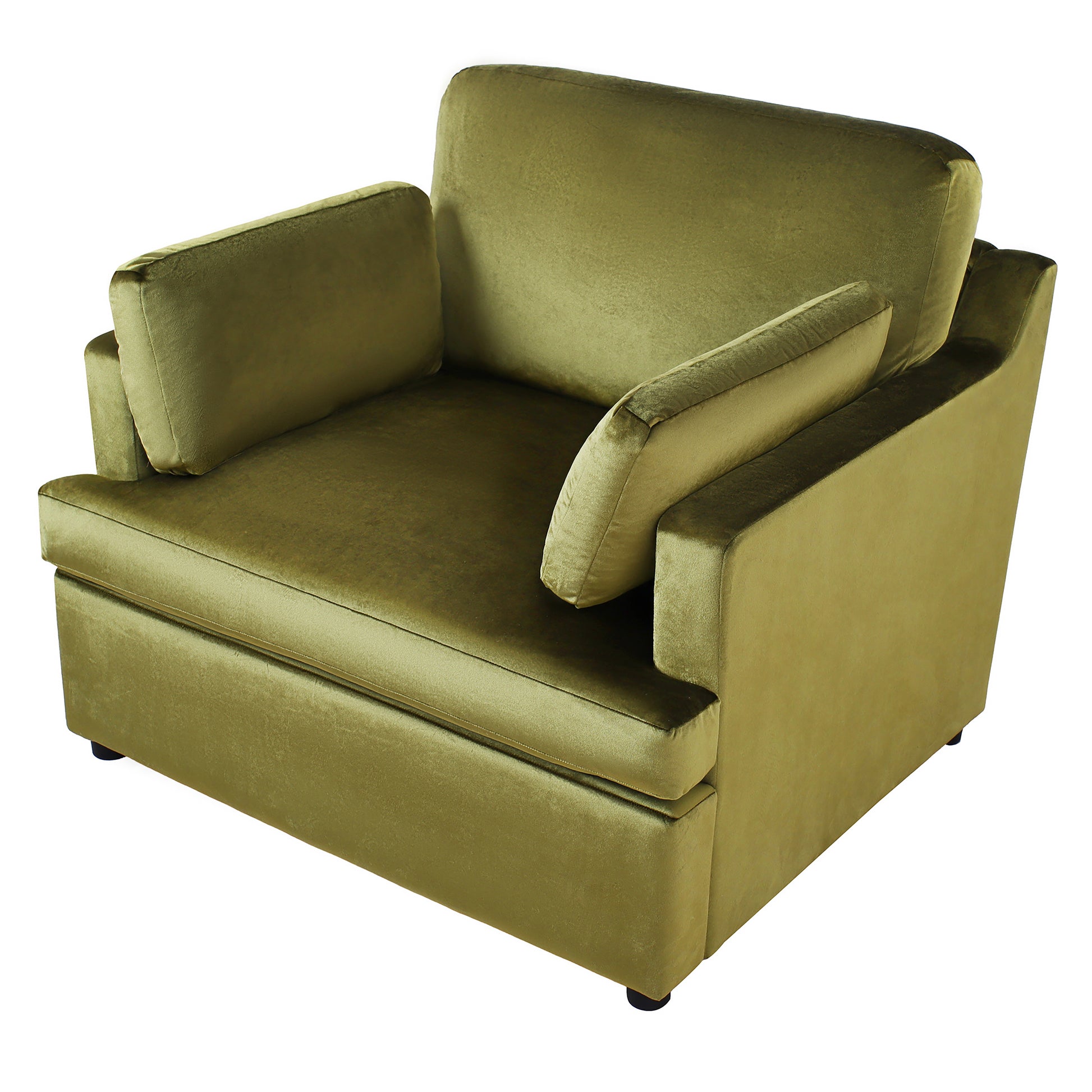 Plush olive green velvet armchair with deep seat and comfortable lumbar pillows