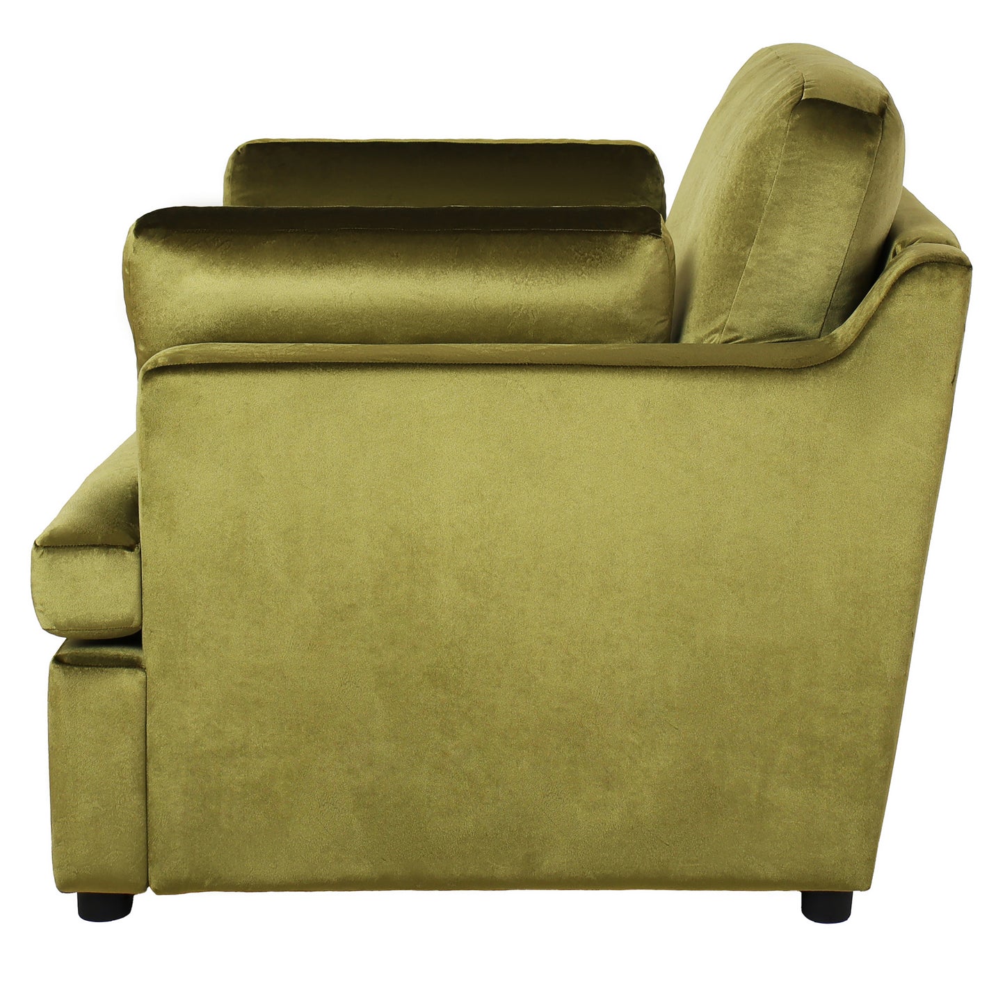 Moss green velvet accent chair with plush cushioning and elegant armrests