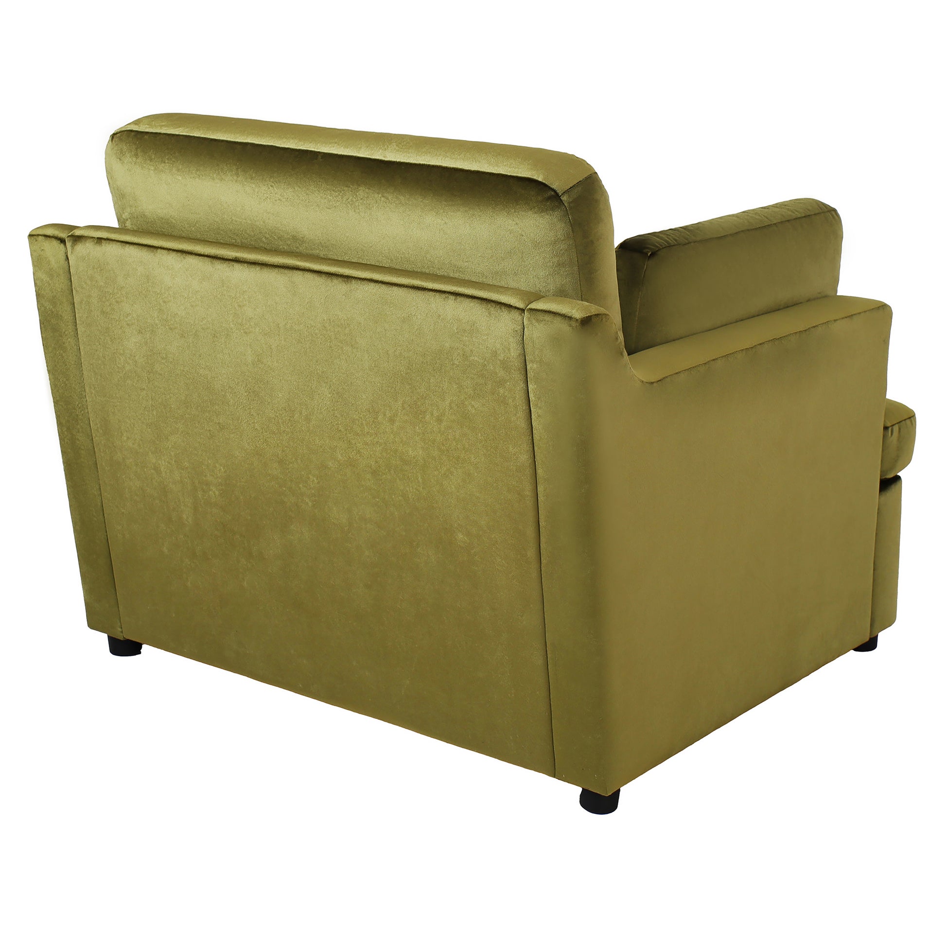 Olive green velvet armchair with plush cushioning perfect for a cozy living room accent