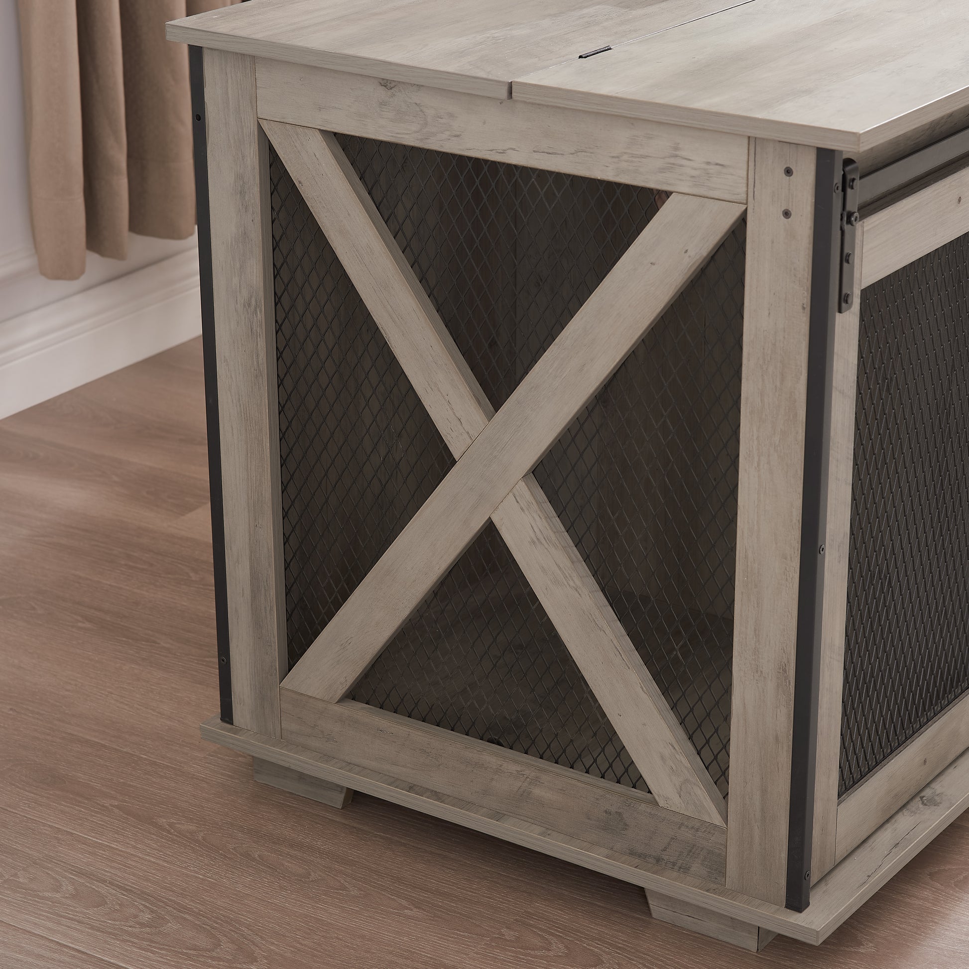 Rustic farmhouse end table with grey wash wood and metal mesh panel
